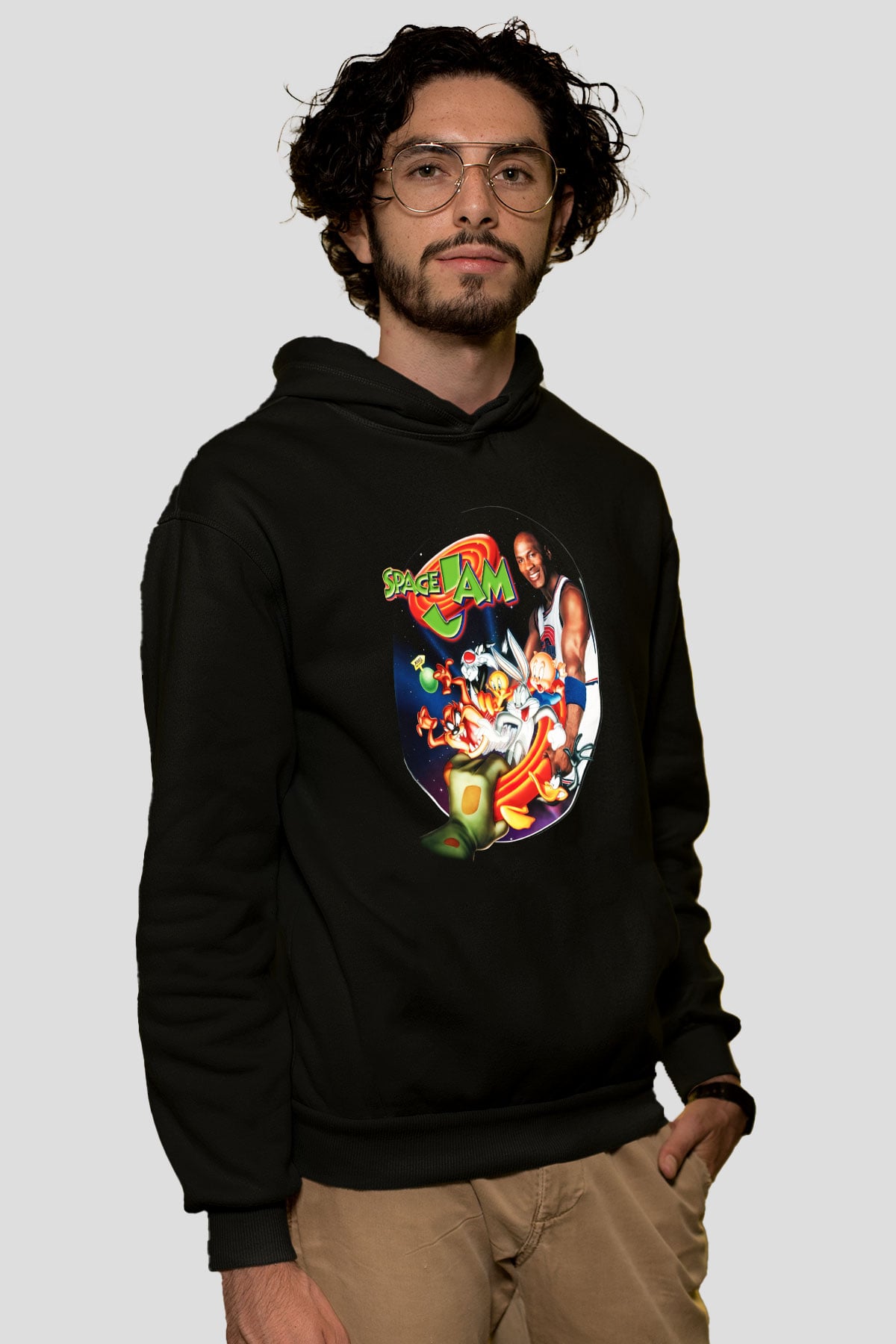 Space Jam Siyah Unisex Kapüşonlu Sweatshirt