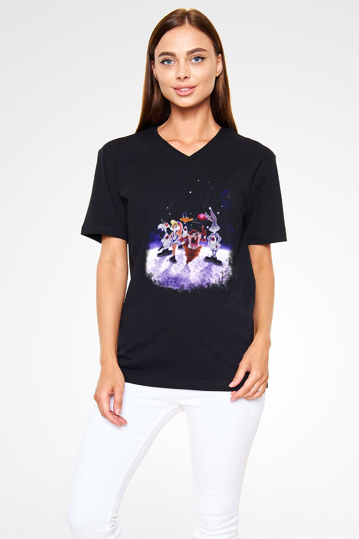 Space Jam Siyah Unisex V Yaka Tişört