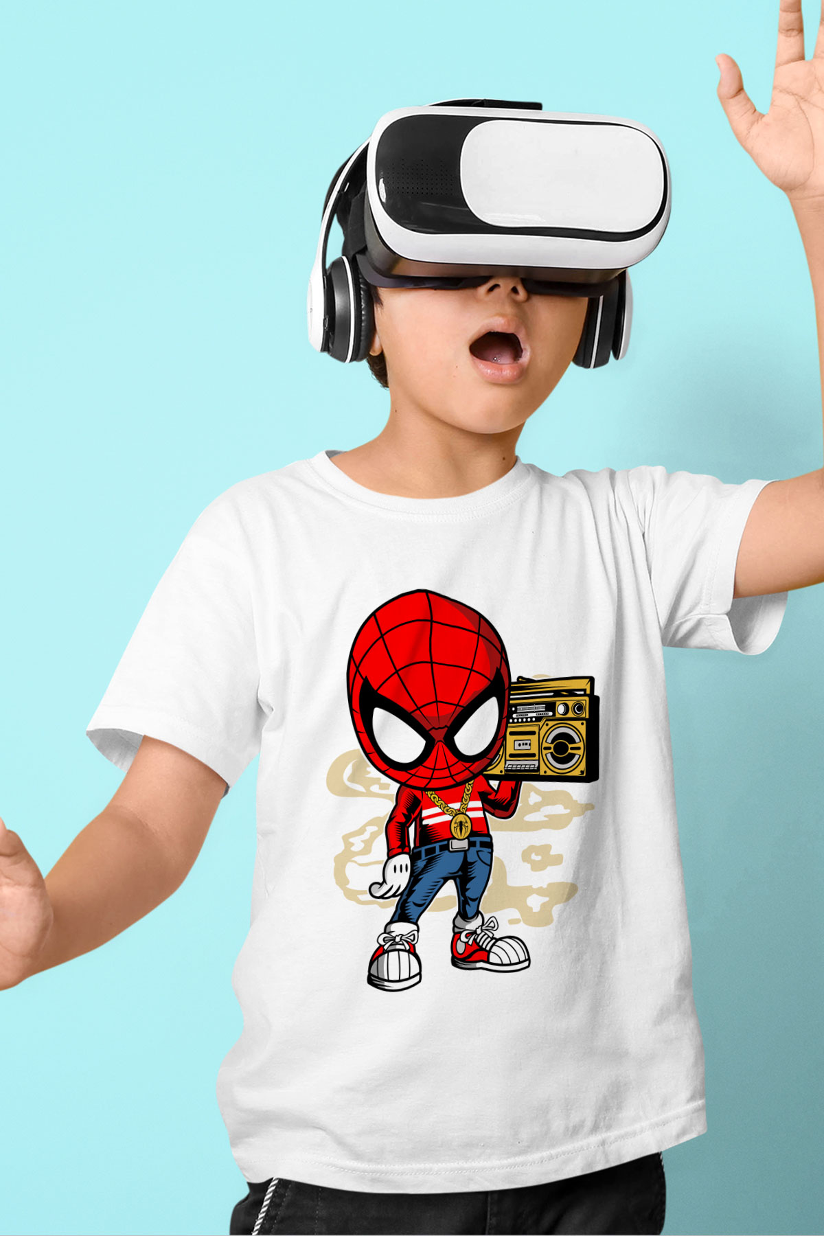Spider Boombox Baskılı Beyaz Unisex Çocuk Tshirt
