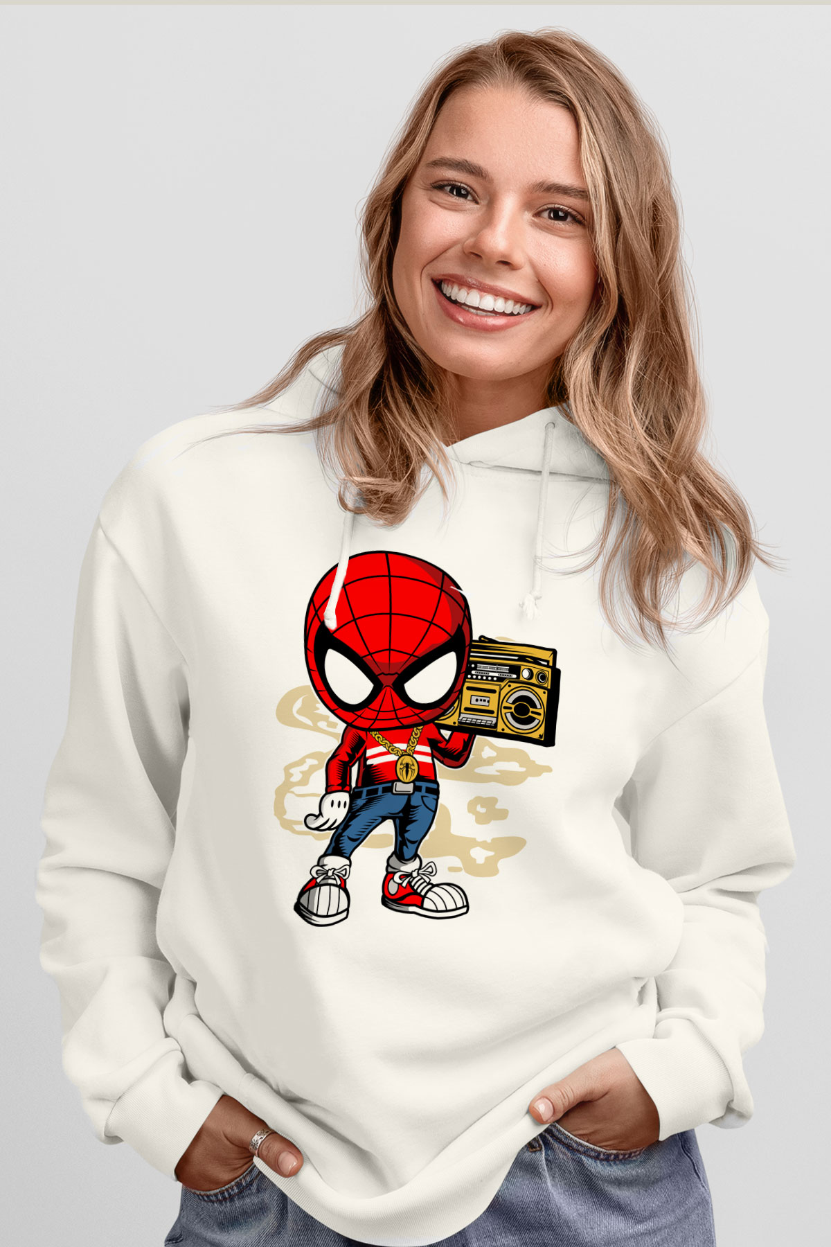 Spider Boombox Baskılı Beyaz Unisex Hoodie