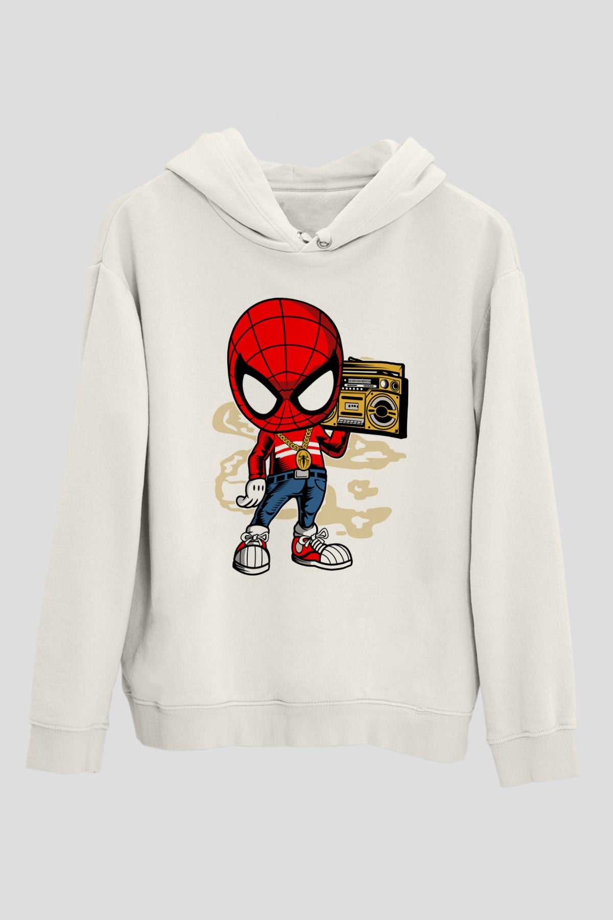 Spider Boombox Baskılı Beyaz Unisex Hoodie