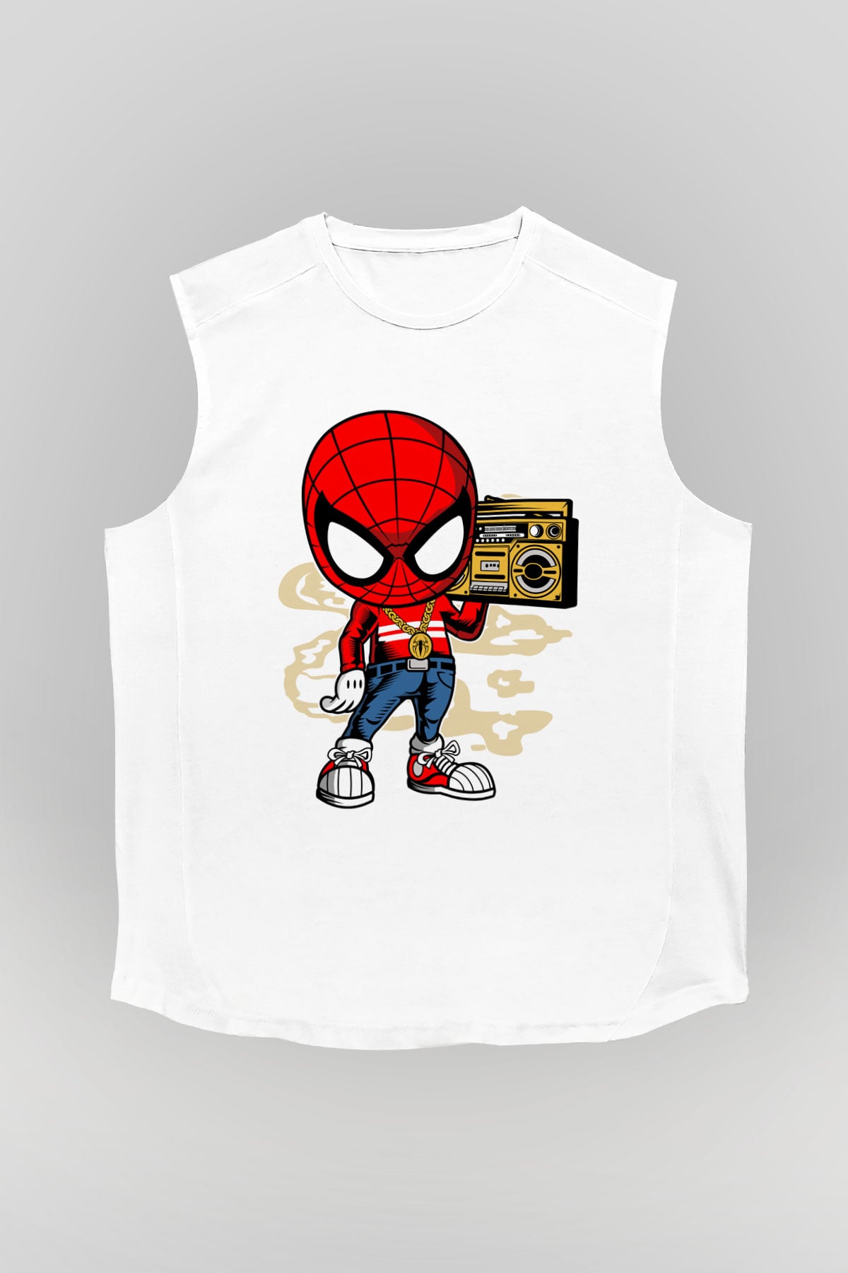Spider Boombox Baskılı Beyaz Unisex Kolsuz Tişört