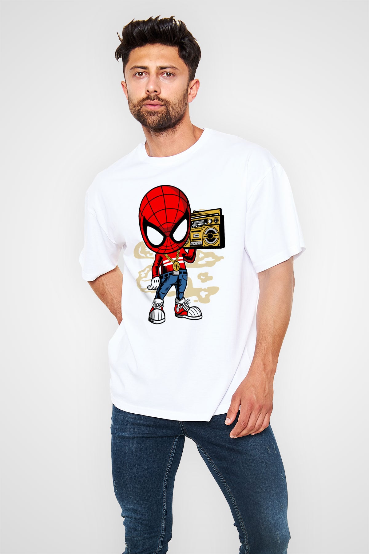 Spider Boombox Baskılı Beyaz Unisex Oversize Tişört