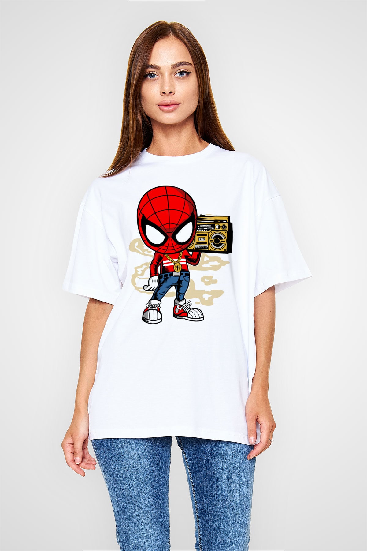Spider Boombox Baskılı Beyaz Unisex Oversize Tişört