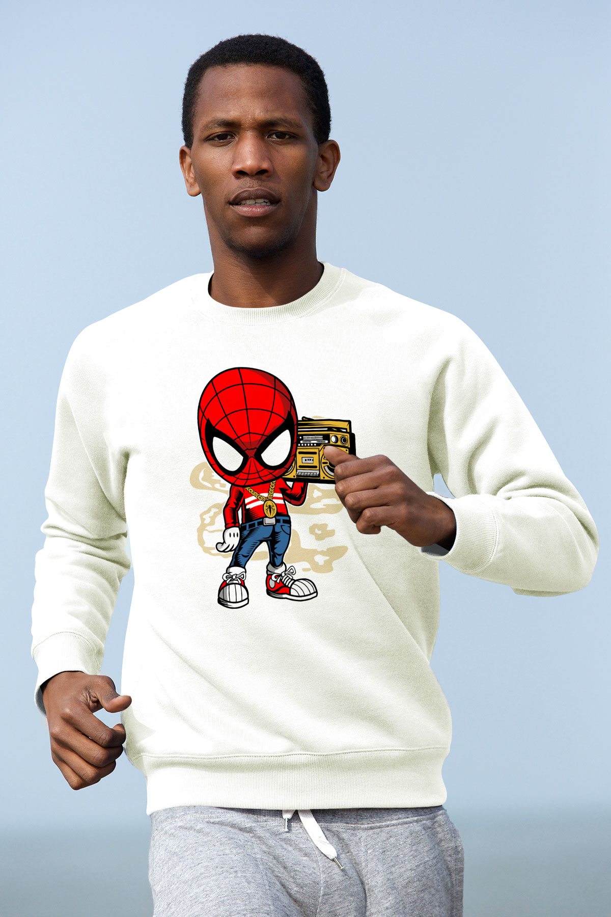 Spider Boombox Baskılı Beyaz Unisex Sweatshirt