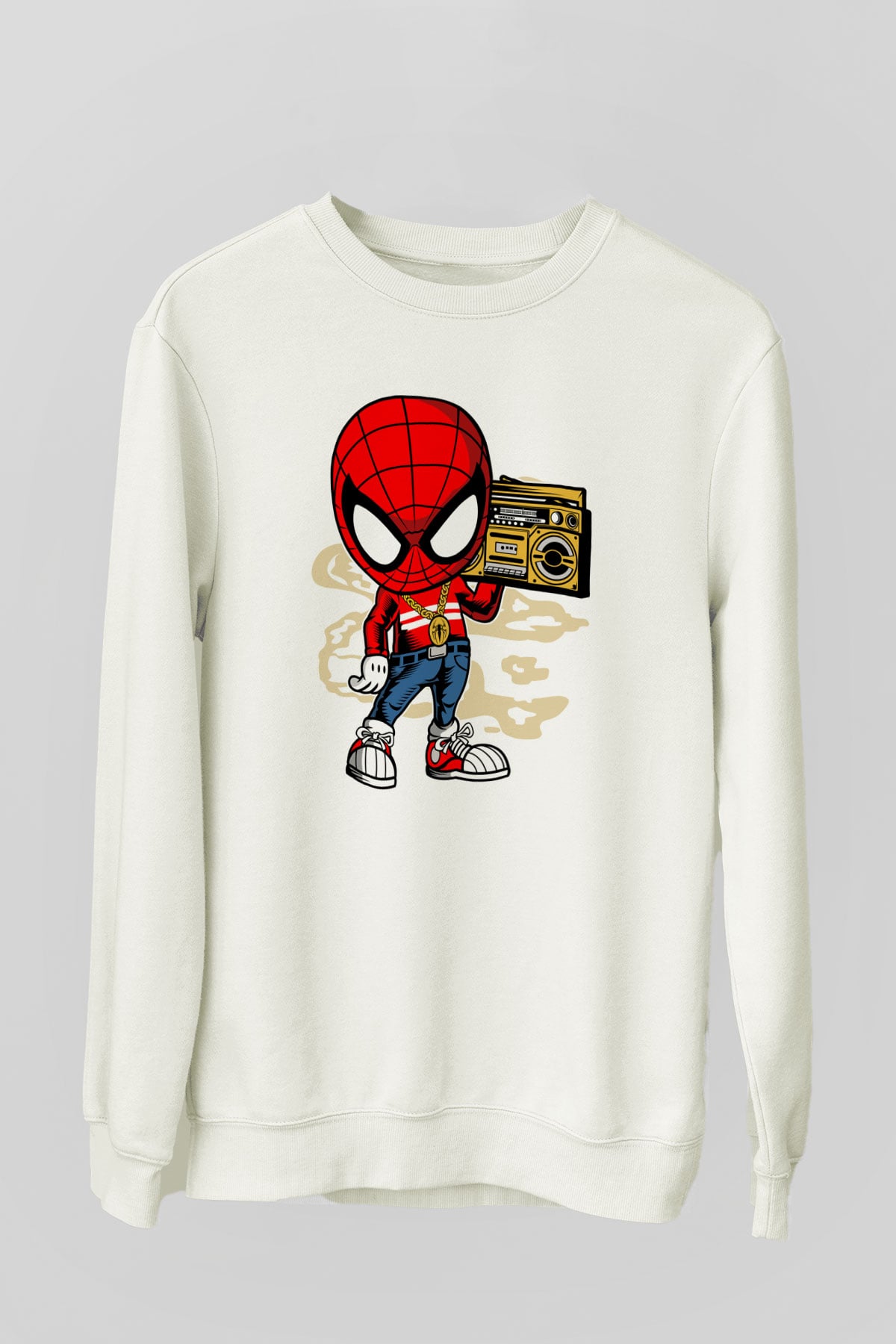 Spider Boombox Baskılı Beyaz Unisex Sweatshirt