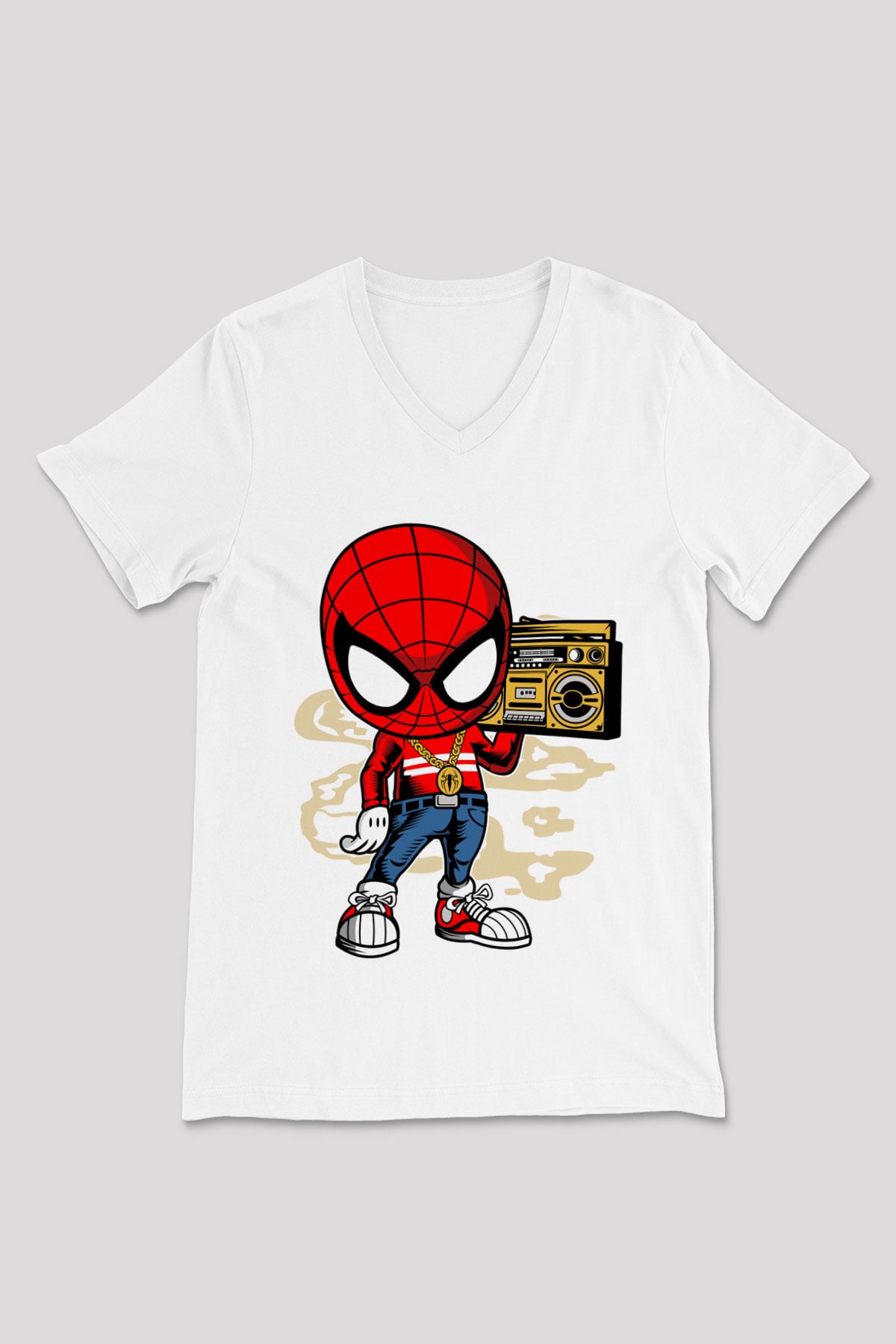 Spider Boombox Baskılı Beyaz Unisex V Yaka Tişört