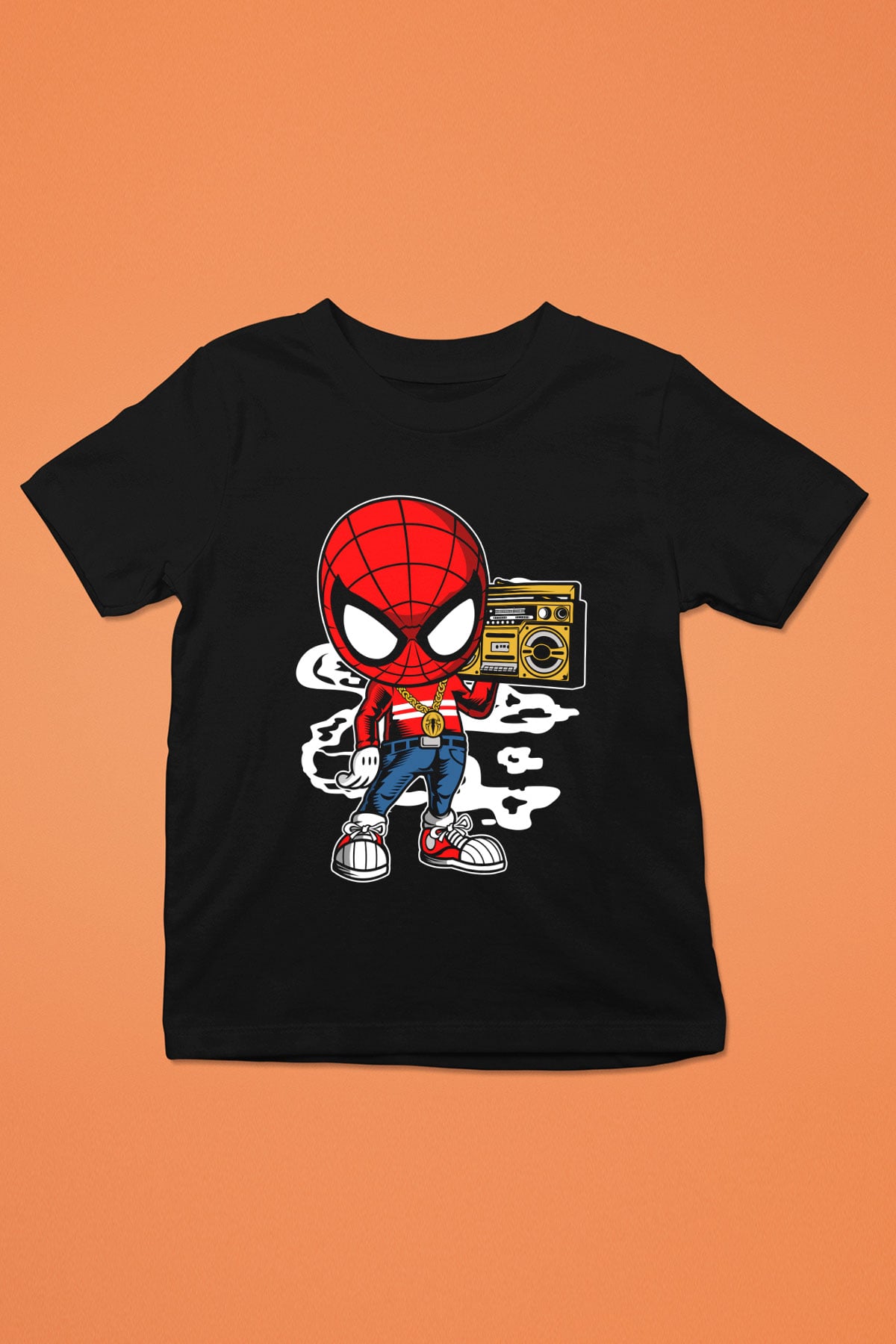 Spider Boombox Baskılı Siyah Çocuk Unisex Tshirt