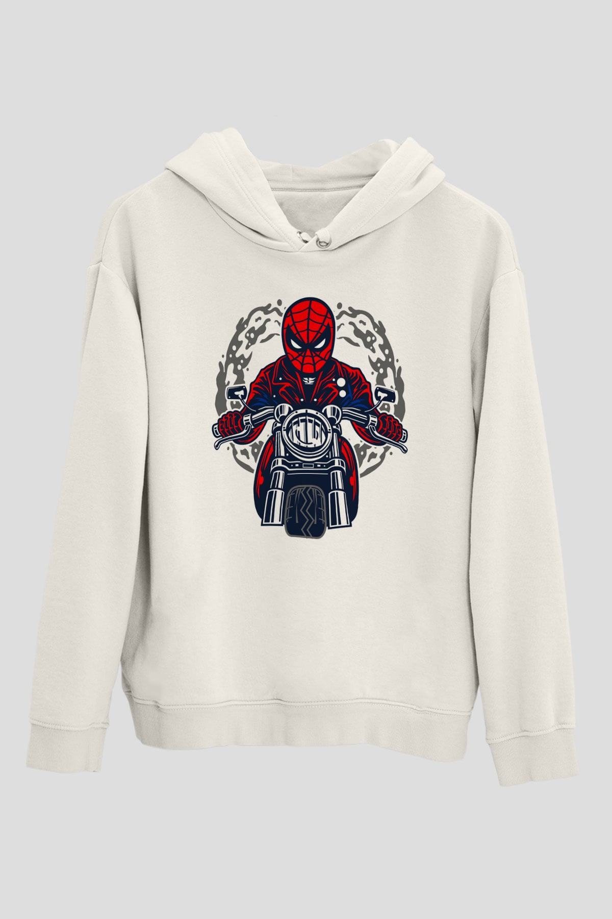 Spider Rider Baskılı Beyaz Unisex Hoodie