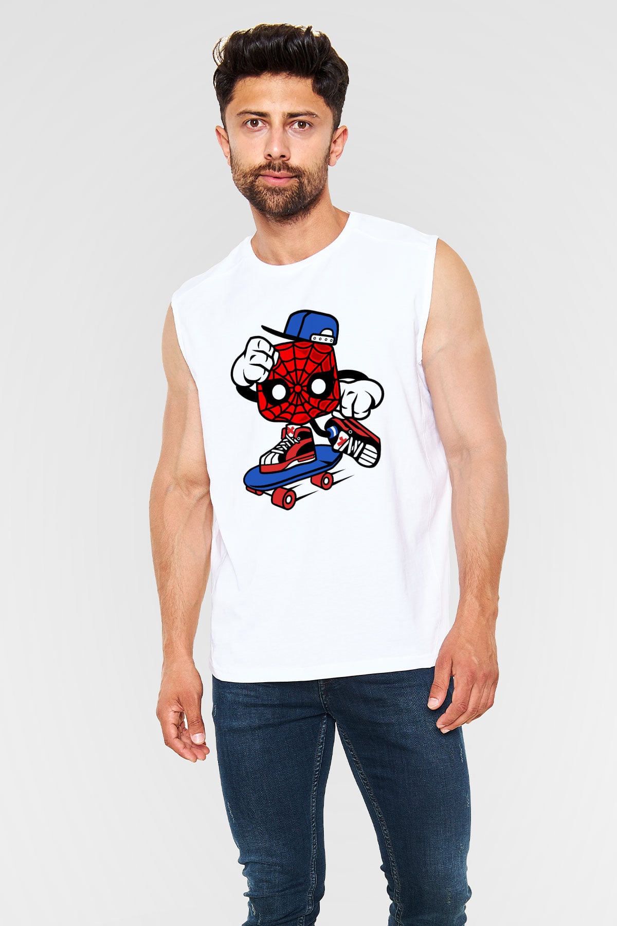 Spider Skater Baskılı Beyaz Unisex Kolsuz Tişört