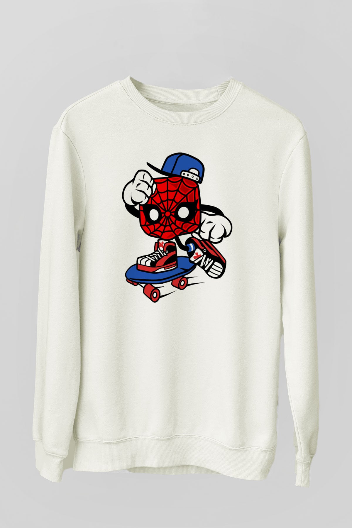 Spider Skater Baskılı Beyaz Unisex Sweatshirt