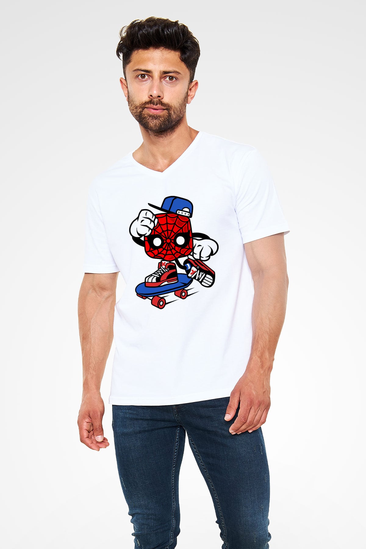 Spider Skater Baskılı Beyaz Unisex V Yaka Tişört