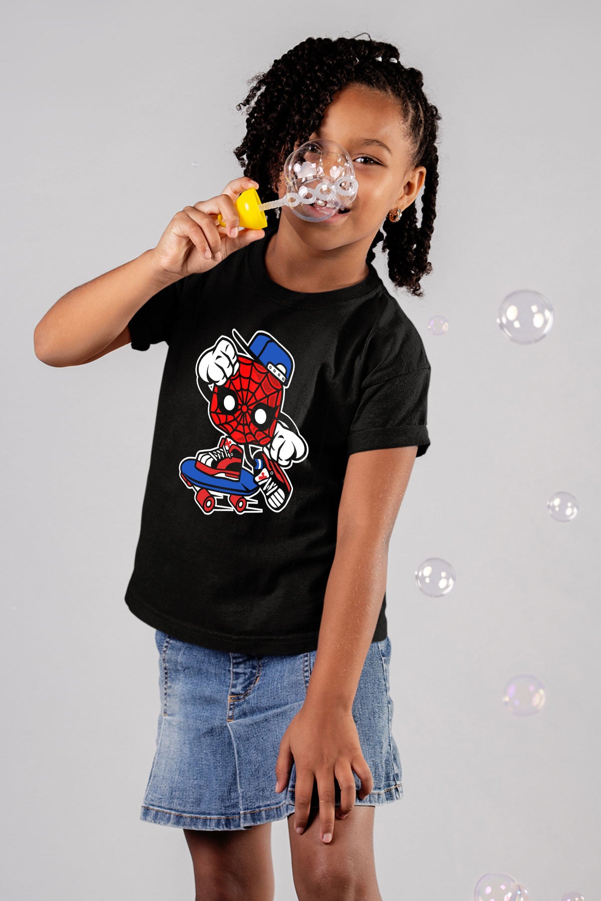 Spider Skater Baskılı Siyah Çocuk Unisex Tshirt