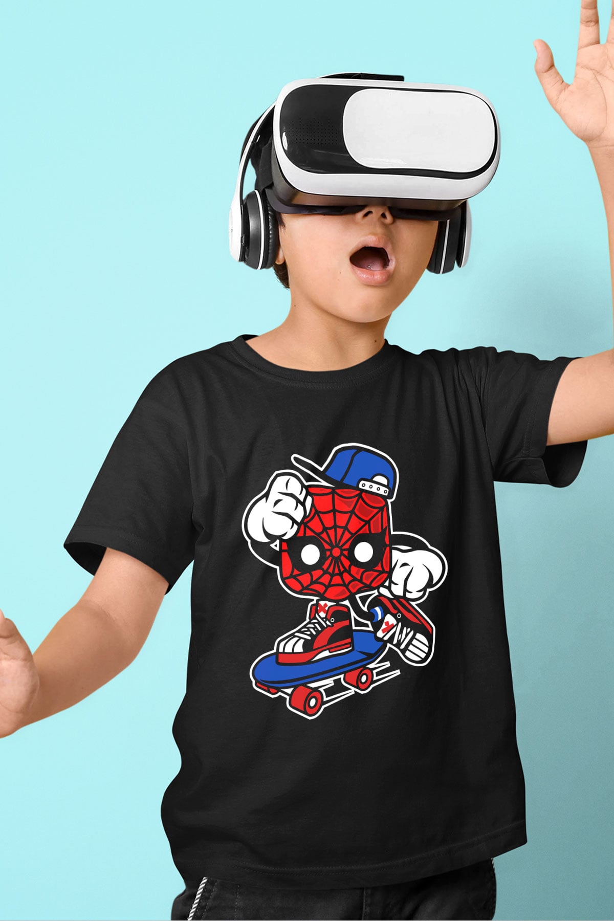 Spider Skater Baskılı Siyah Çocuk Unisex Tshirt