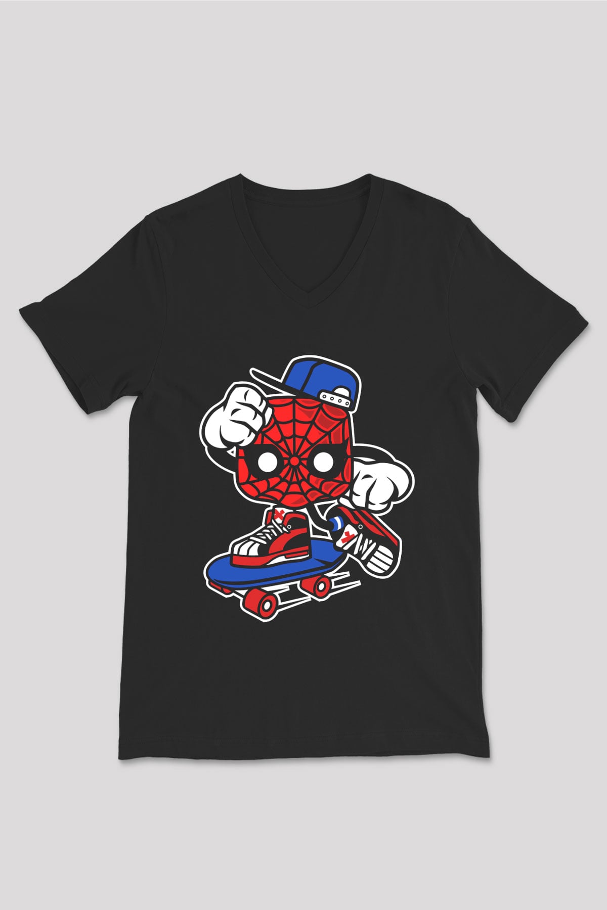 Spider Skater Baskılı Siyah Unisex V Yaka Tişört