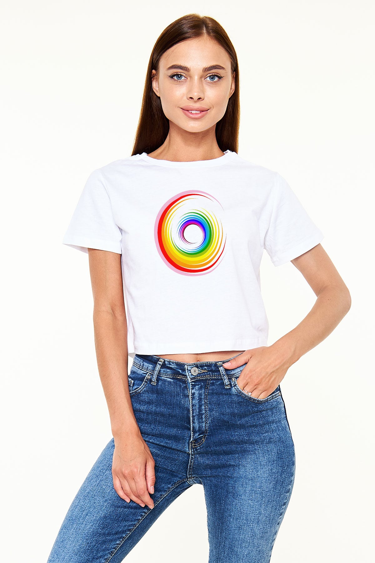 Spiral Beyaz  Crop Top Tişört