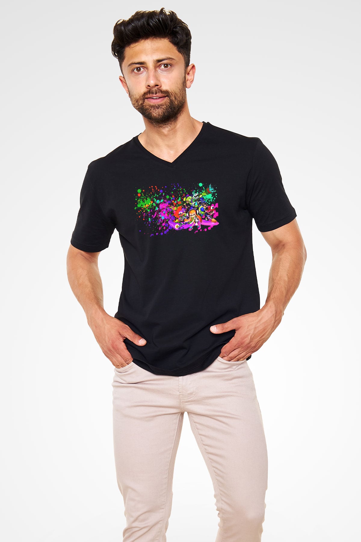 Splatoon Siyah Unisex V Yaka Tişört T-Shirt