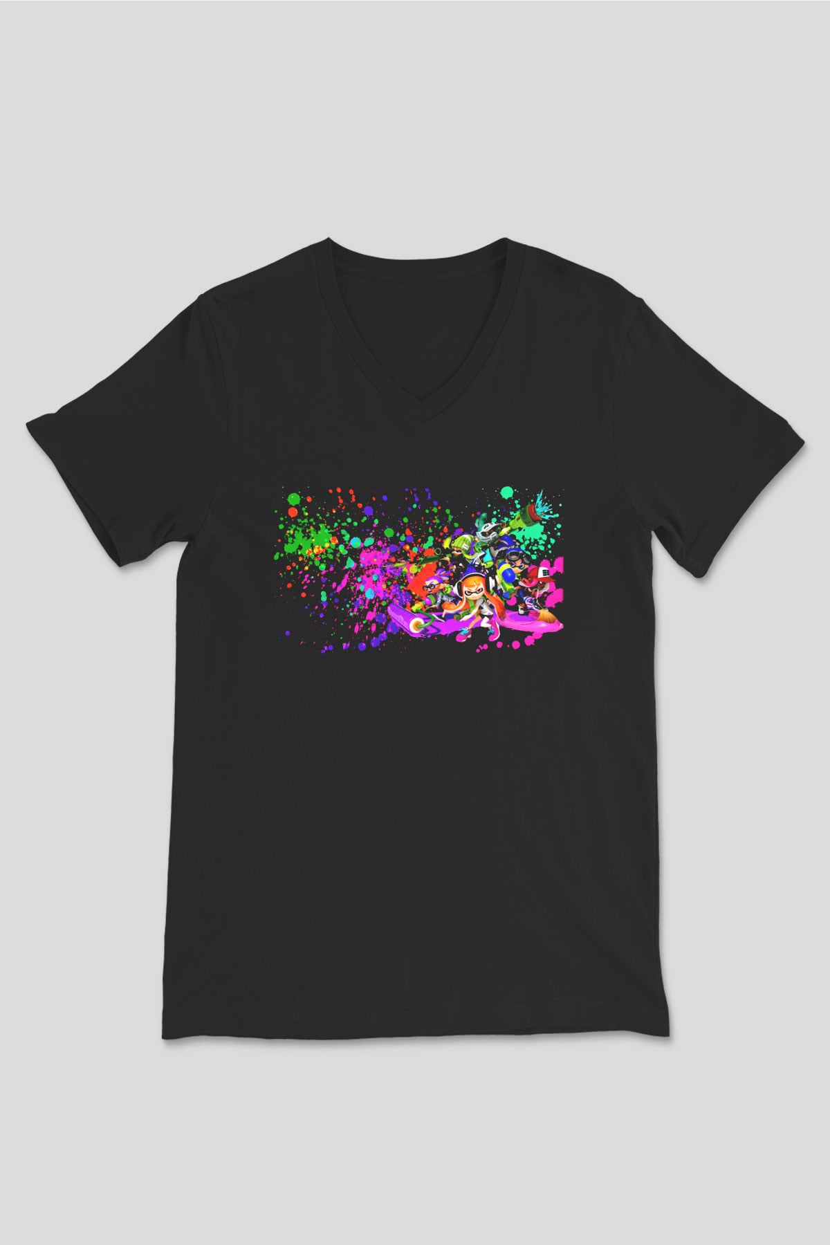 Splatoon Siyah Unisex V Yaka Tişört T-Shirt
