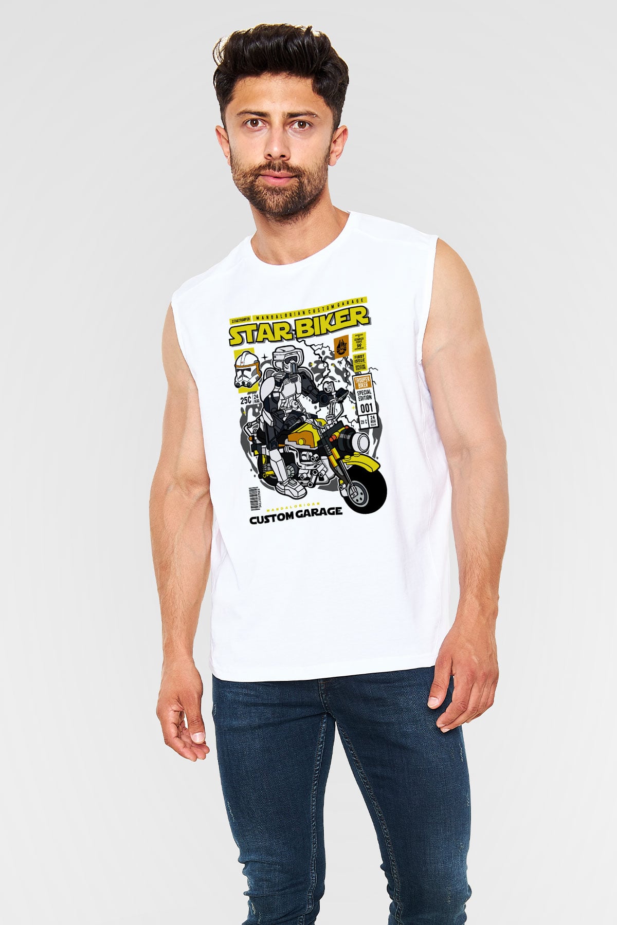 Star Biker Baskılı Unisex Beyaz Kolsuz Tişört