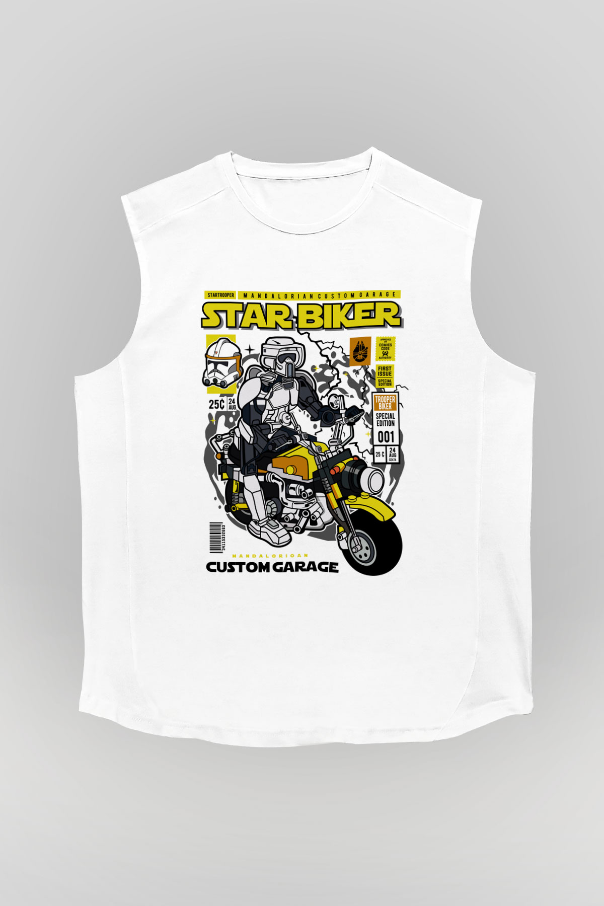 Star Biker Baskılı Unisex Beyaz Kolsuz Tişört