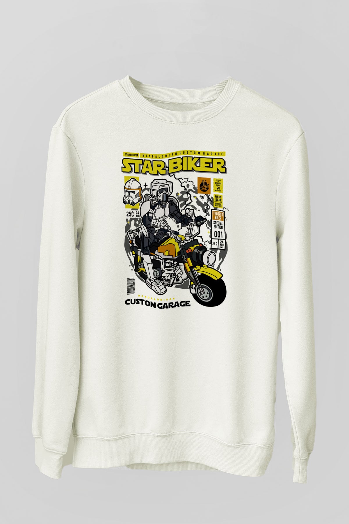 Star Biker Baskılı Unisex Beyaz Sweatshirt