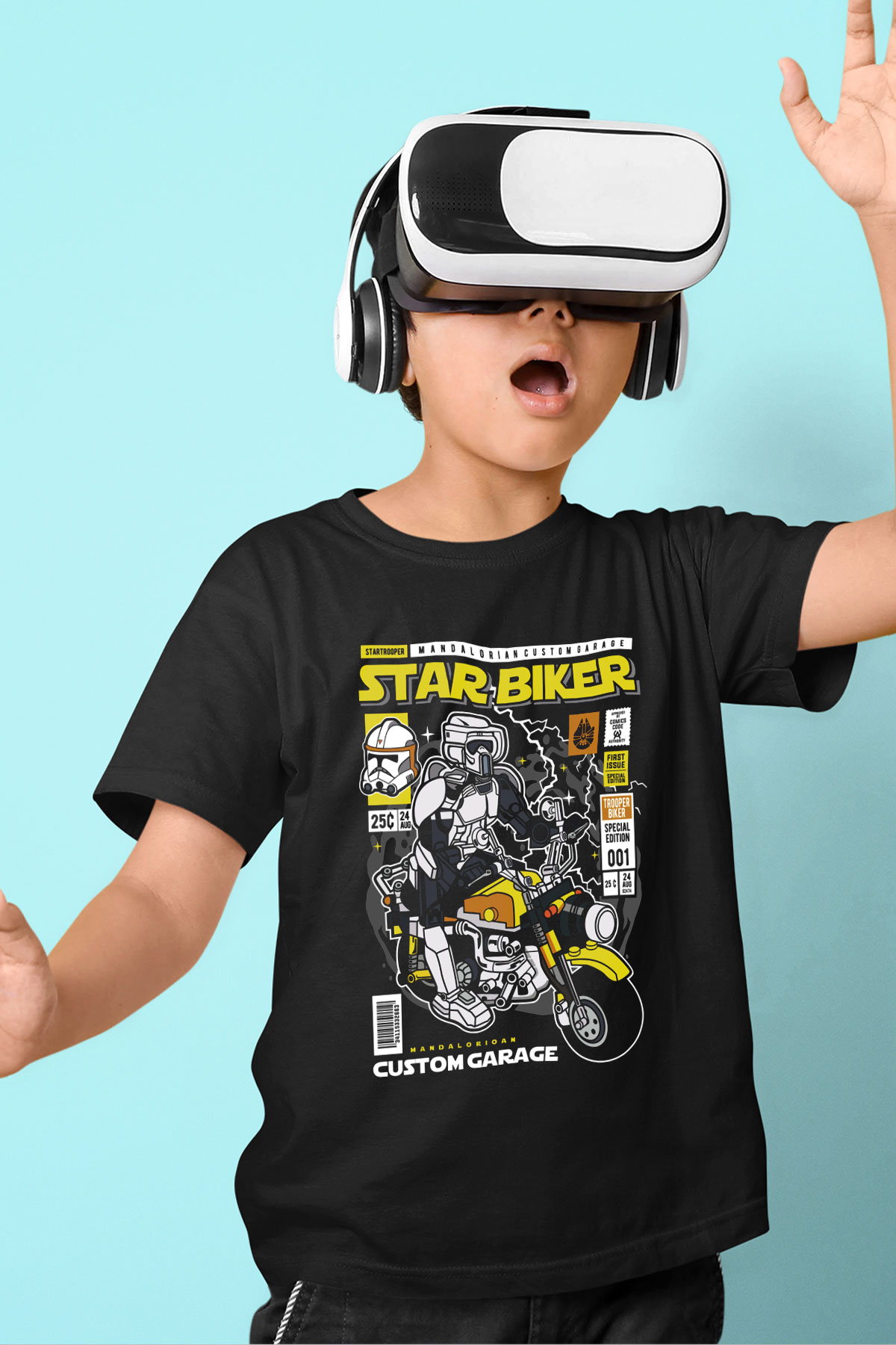 Star Biker Baskılı Unisex Siyah Çocuk Tişört