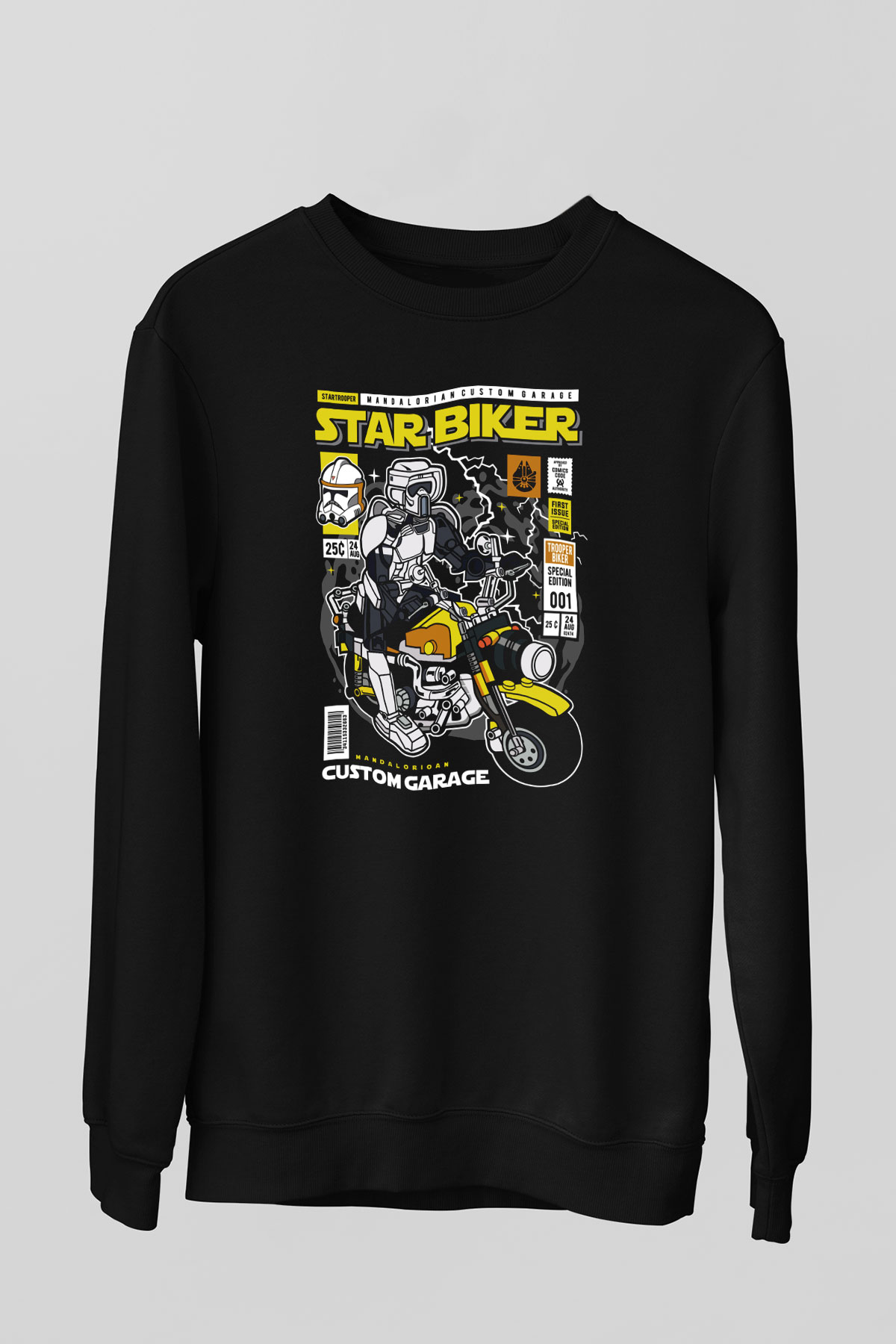 Star Biker Baskılı Unisex Siyah Sweatshirt