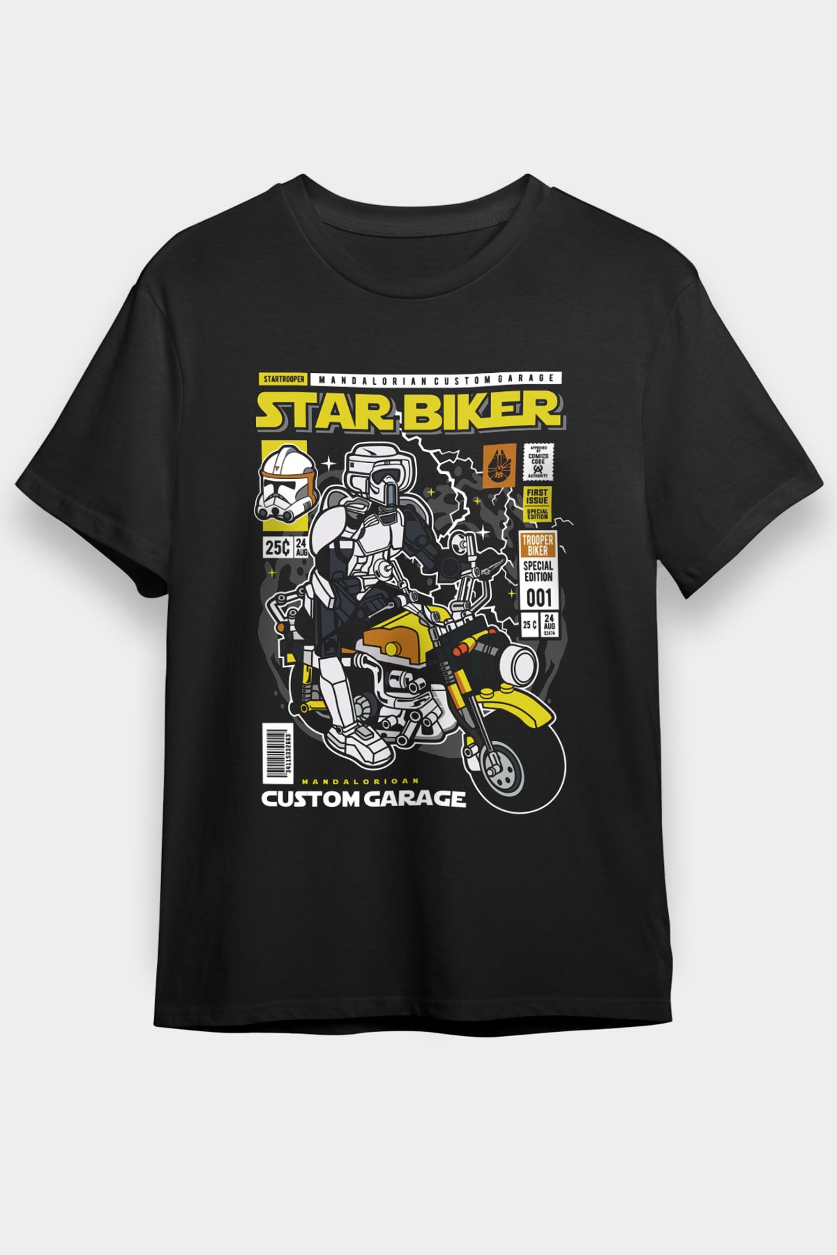 Star Biker Baskılı Unisex Siyah Tişört