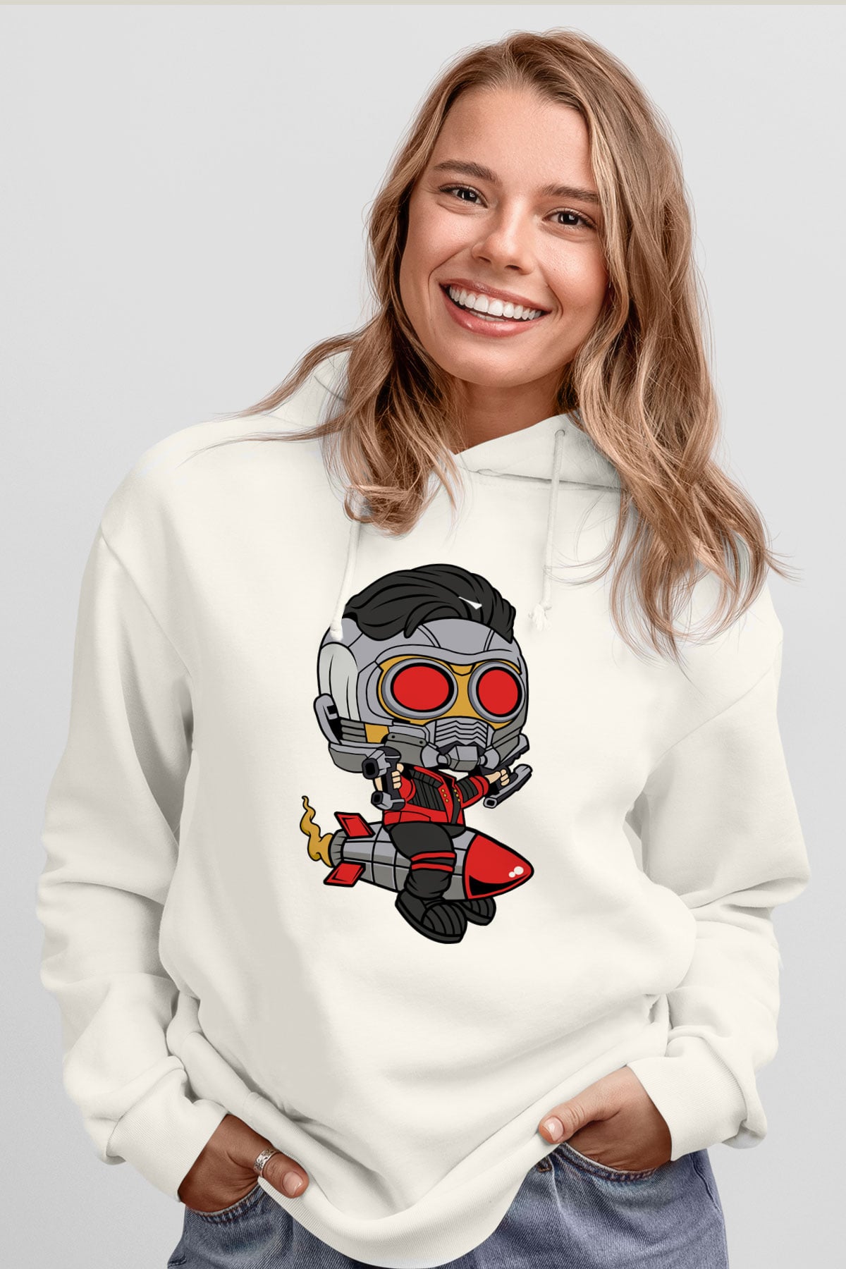 Star Lord Rocket Baskılı Beyaz Unisex Hoodie