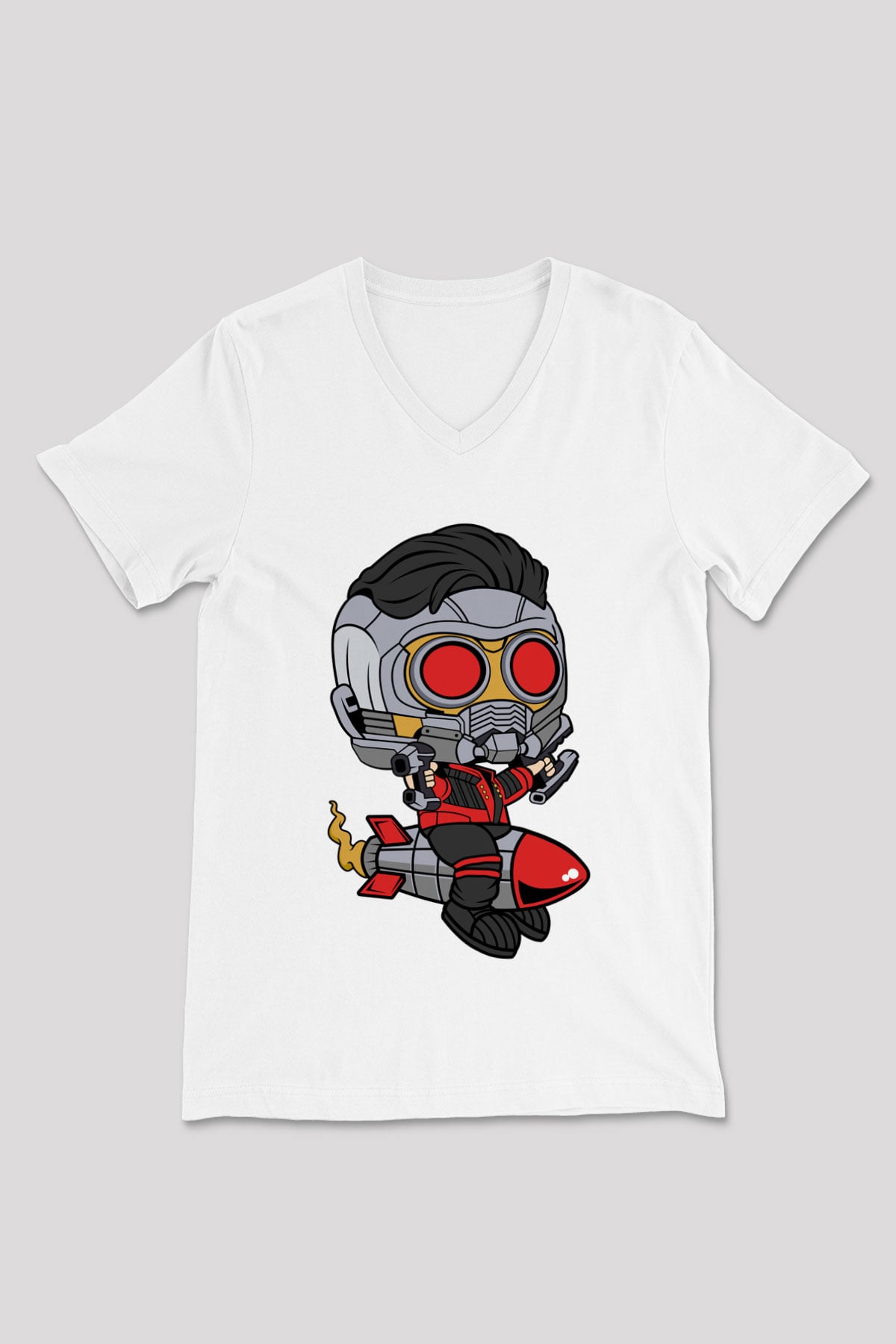 Star Lord Rocket Baskılı Beyaz Unisex V Yaka Tişört