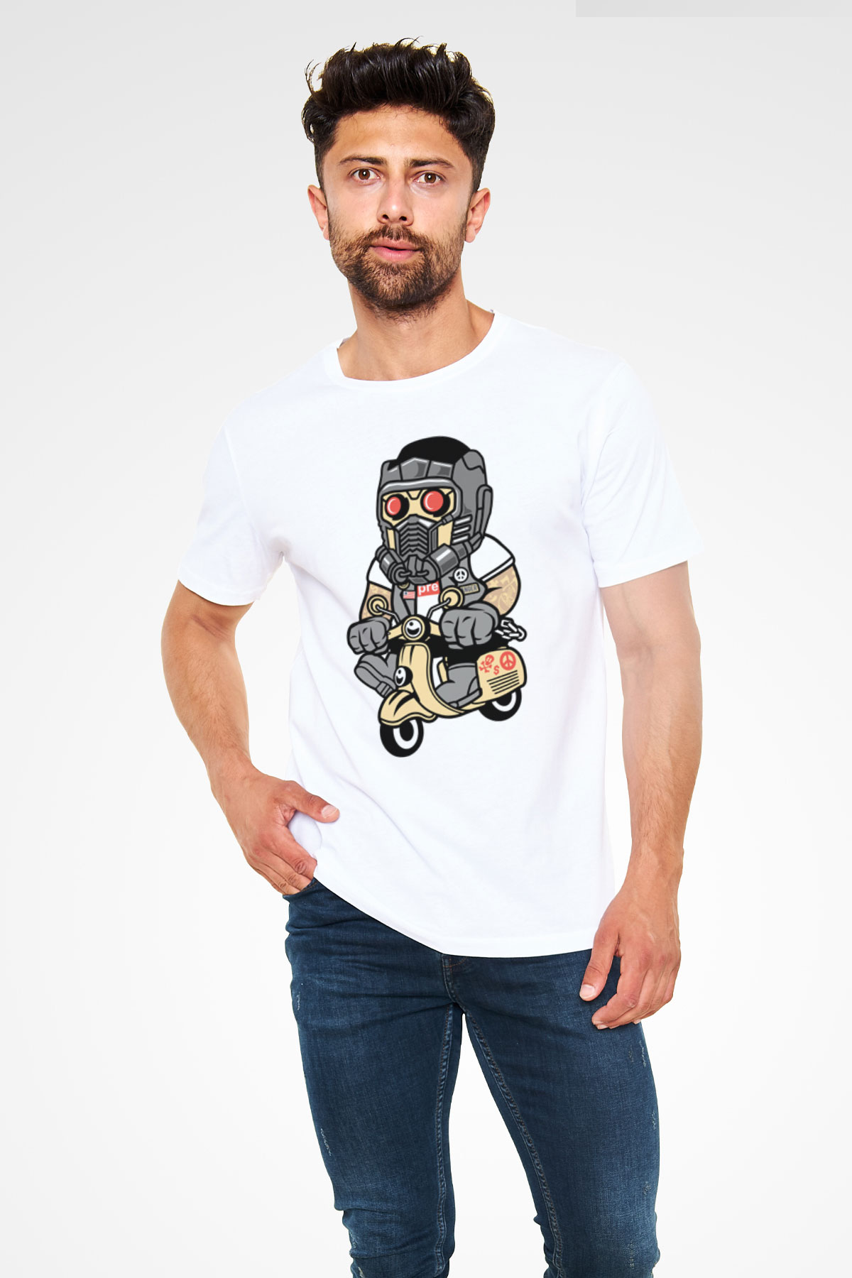 Star Lord Scooter Baskılı Beyaz Unisex Tişört