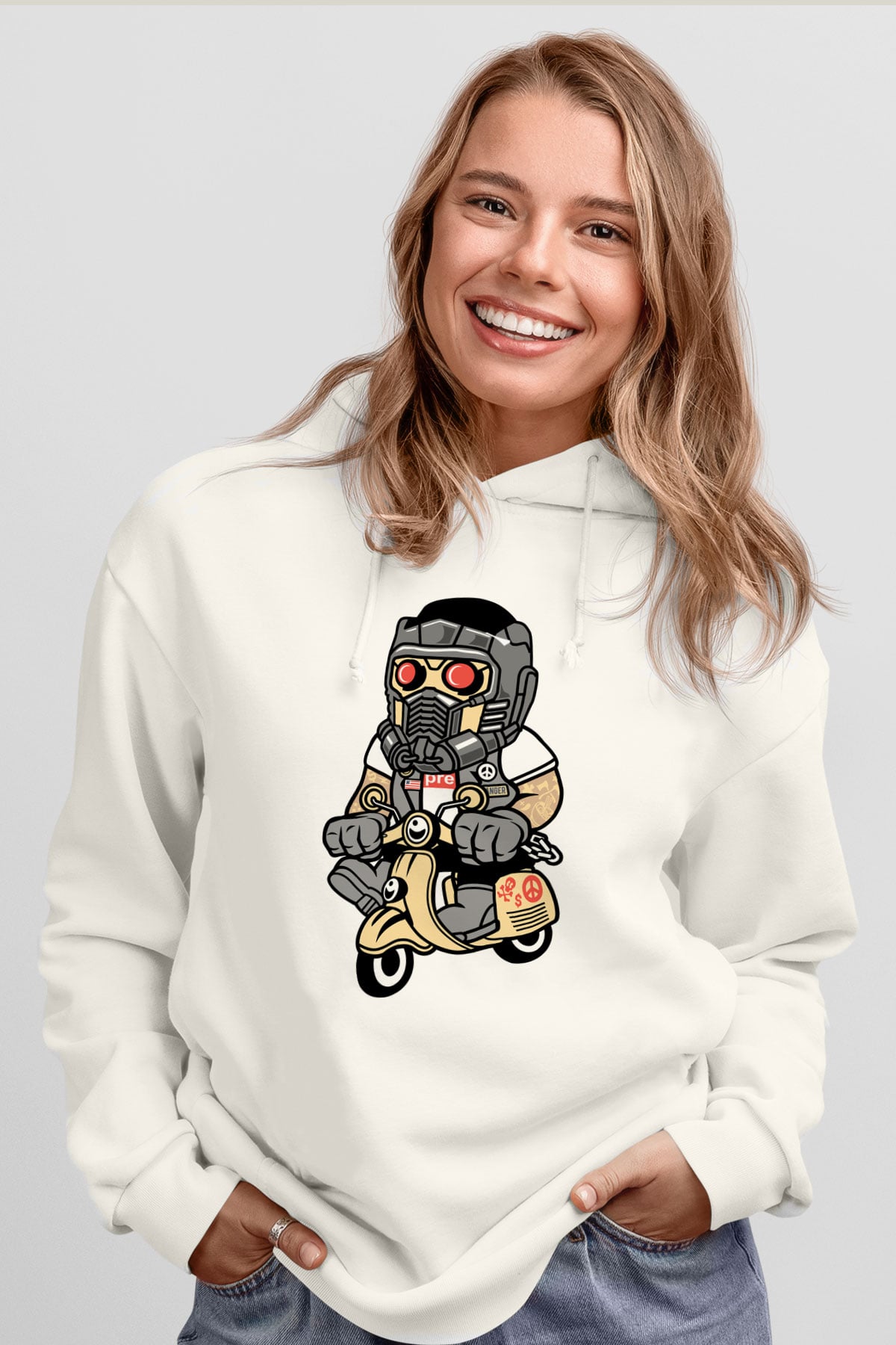Star Lord Scooter Baskılı Beyaz Unisex Hoodie