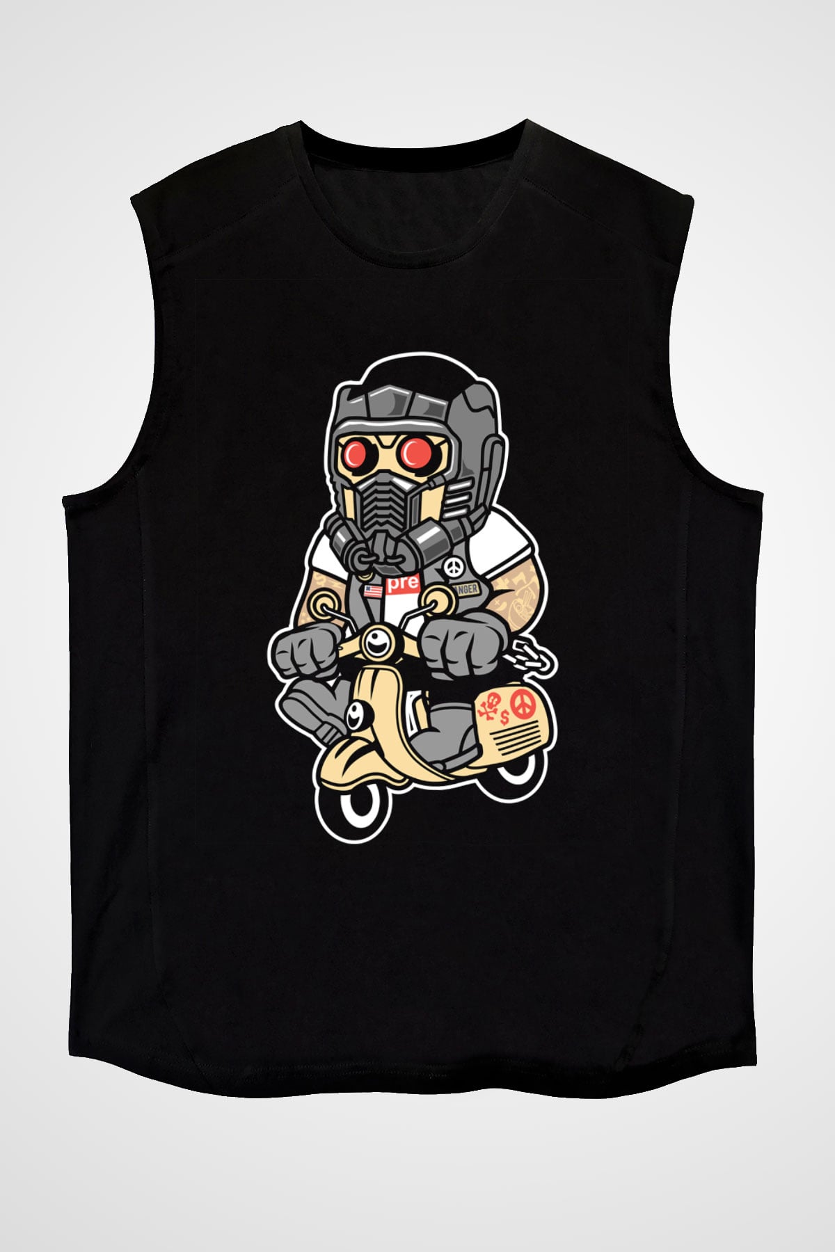 Star Lord Scooter Baskılı Siyah Unisex Kolsuz Tişört