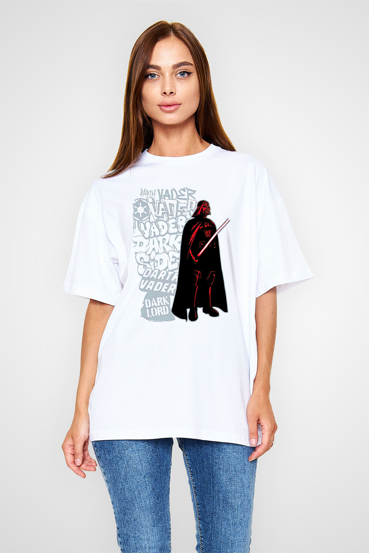 Star Wars (Dart Vader) Baskılı Beyaz Unisex Oversize Tişört - Tshirt
