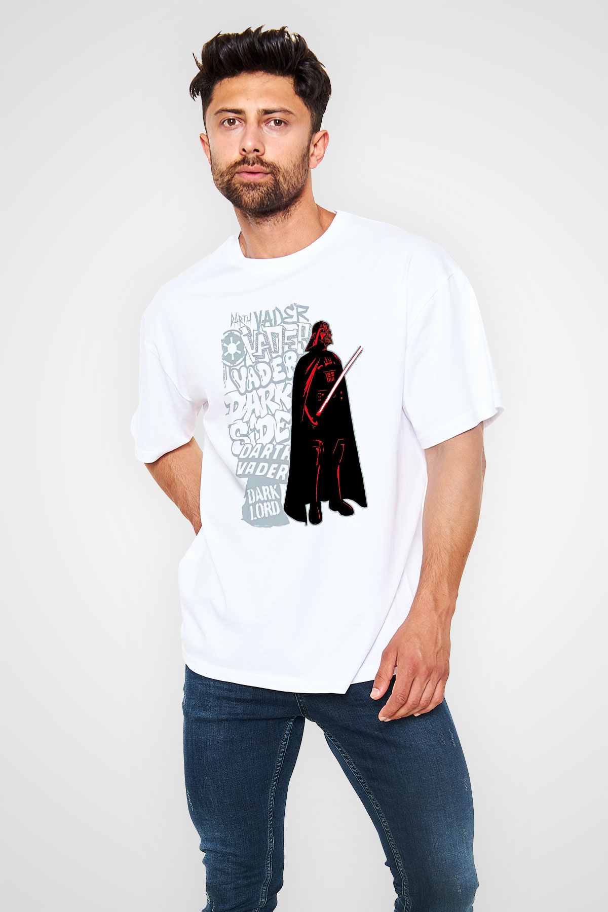 Star Wars (Dart Vader) Baskılı Beyaz Unisex Oversize Tişört - Tshirt