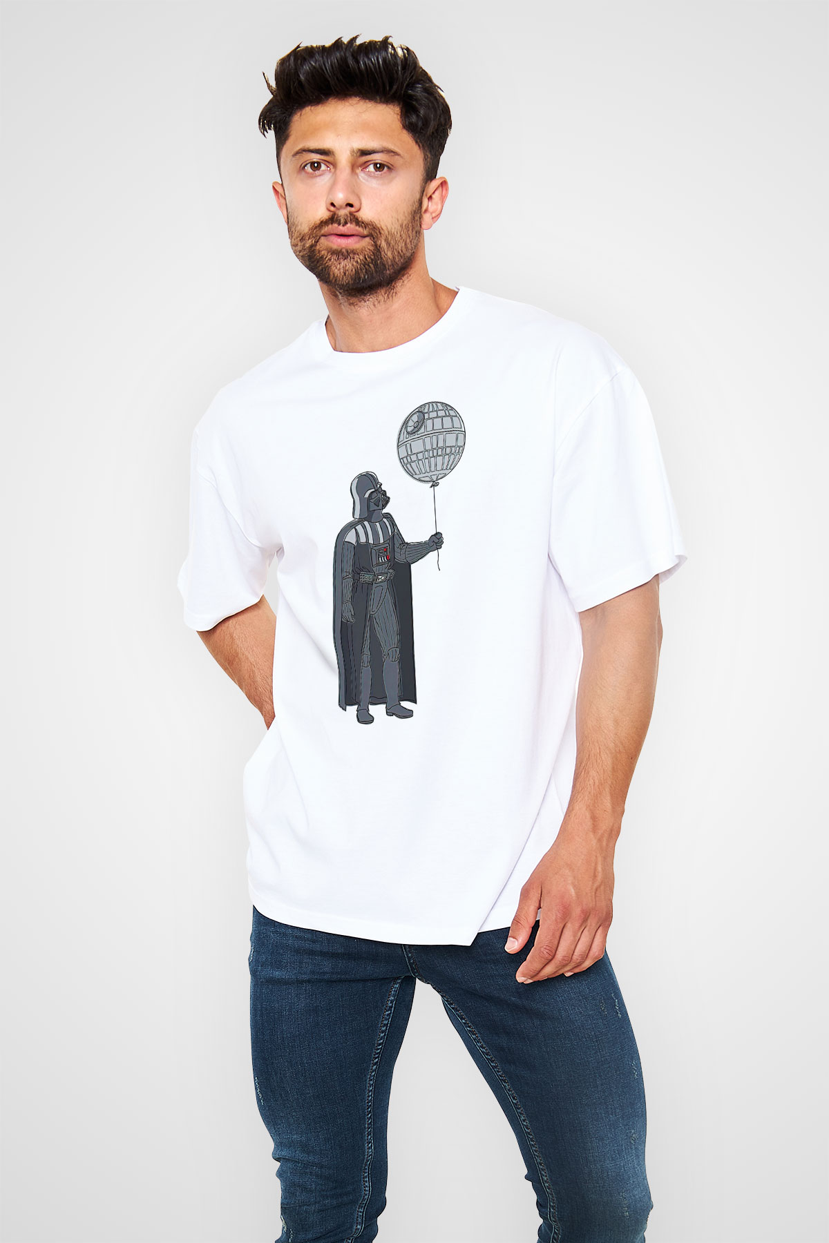 Star Wars (Dart Vader) Baskılı Beyaz Unisex Oversize Tişört - Tshirt