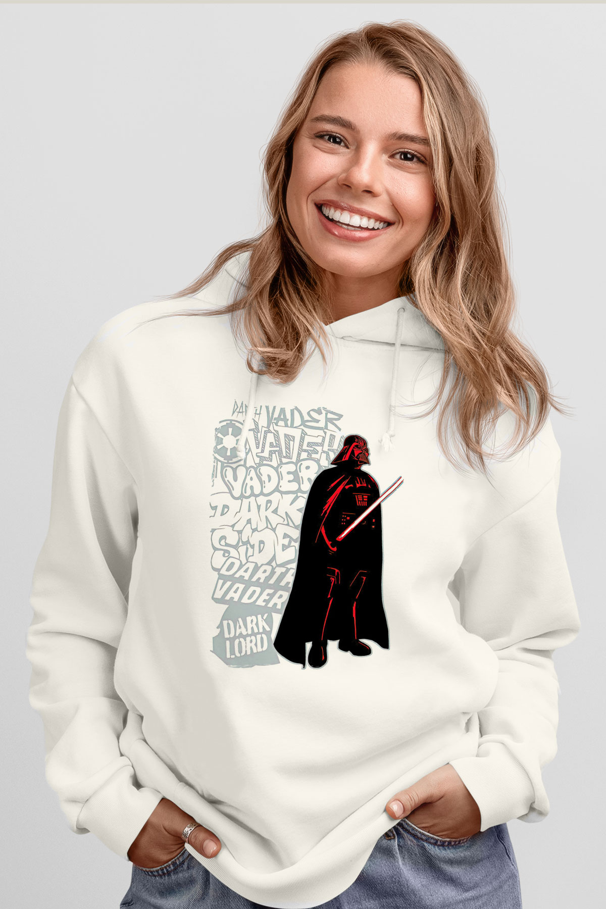 Star Wars (Dart Vader) Baskılı Beyaz Unisex Hoodie