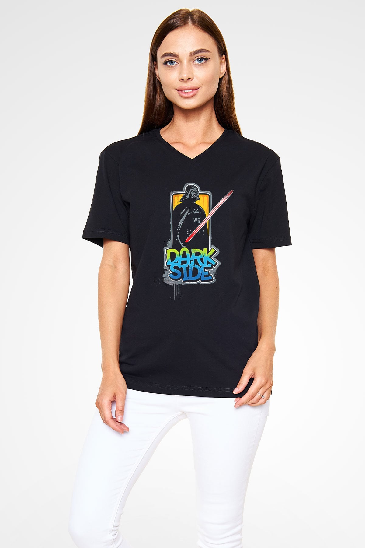 Star Wars (Dart Vader) Baskılı Unisex Siyah V Yaka Tişört - Tshirt