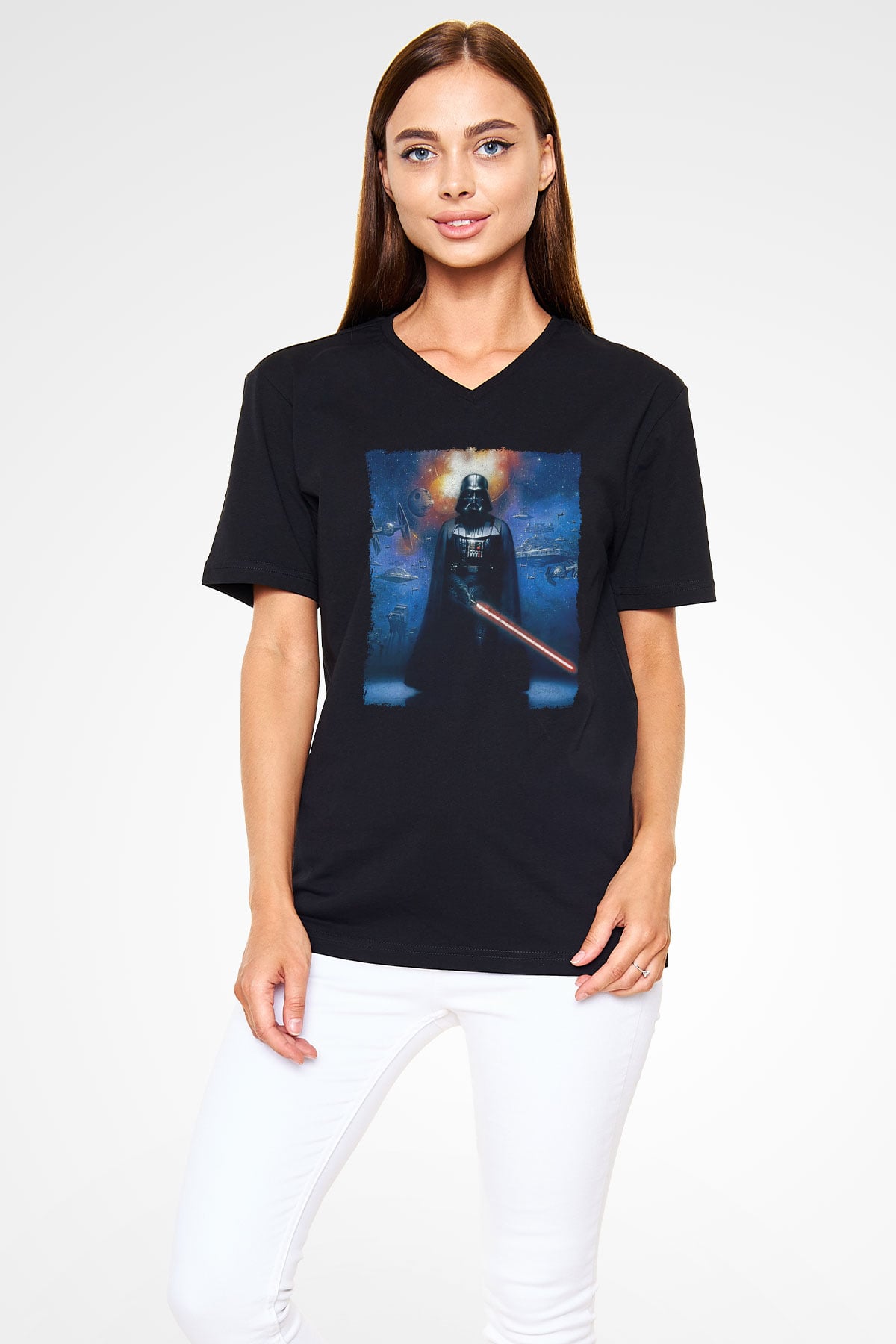 Star Wars (Dart Vader) Baskılı Unisex Siyah V Yaka Tişört - Tshirt