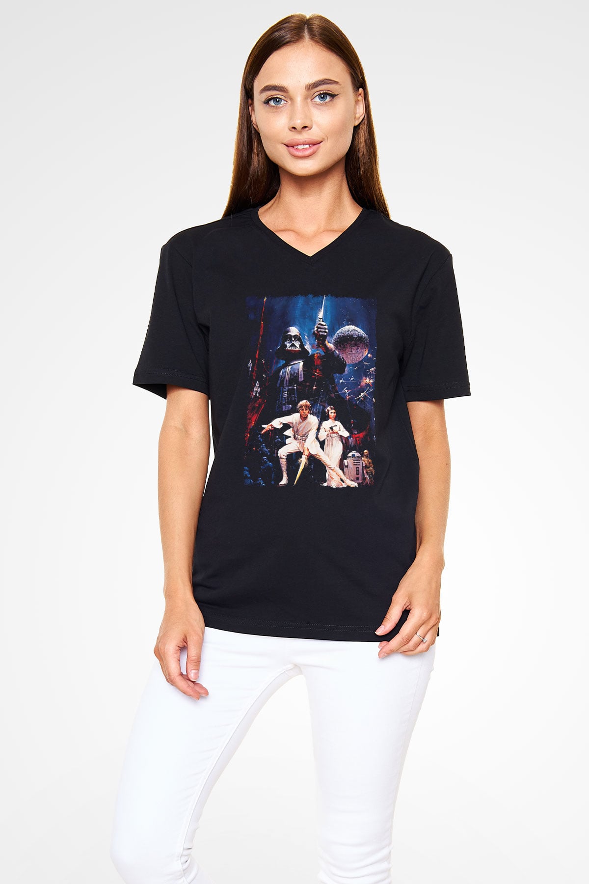 Star Wars (Dart Vader) Baskılı Unisex Siyah V Yaka Tişört - Tshirt