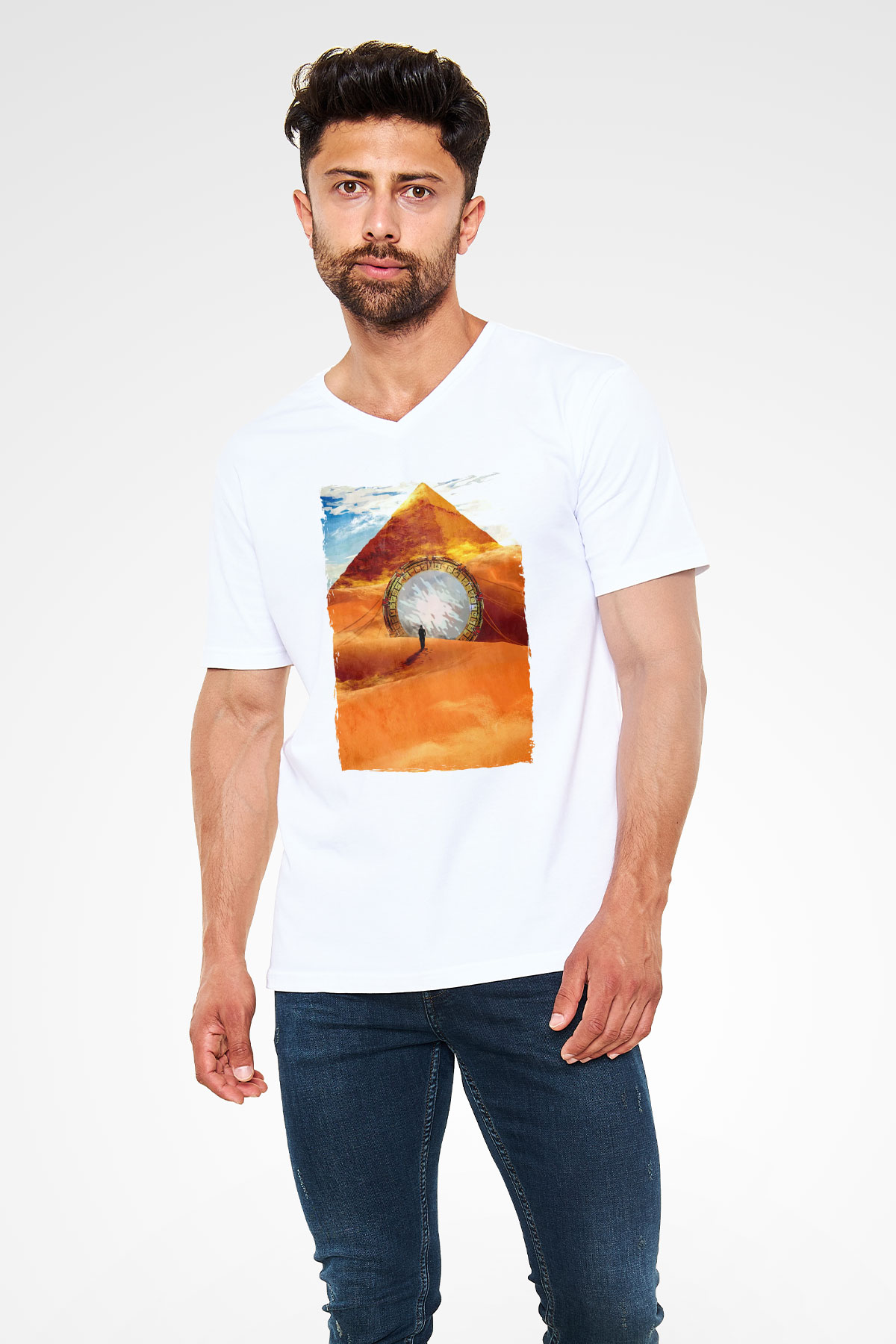 Stargate SG-1 Beyaz Unisex V Yaka Tişört