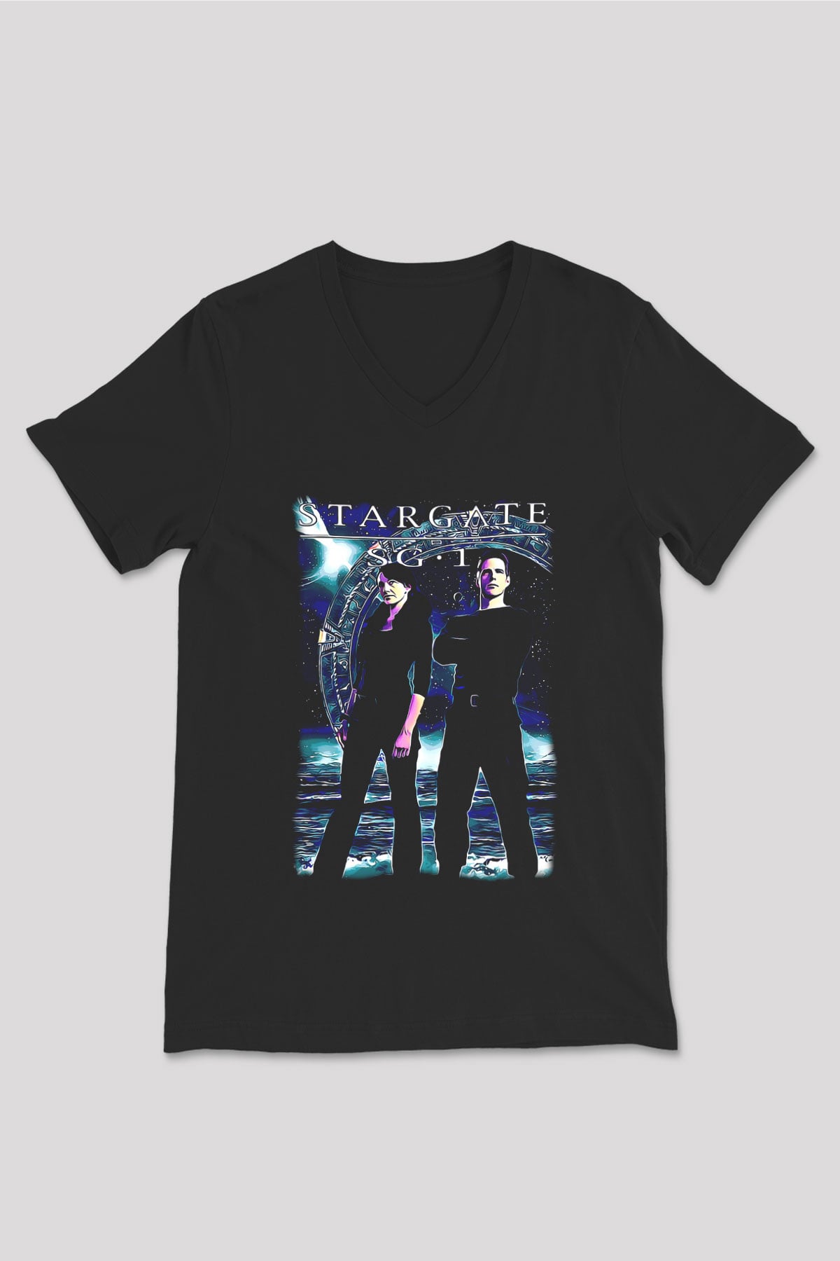 Stargate SG-1 Siyah Unisex V Yaka Tişört