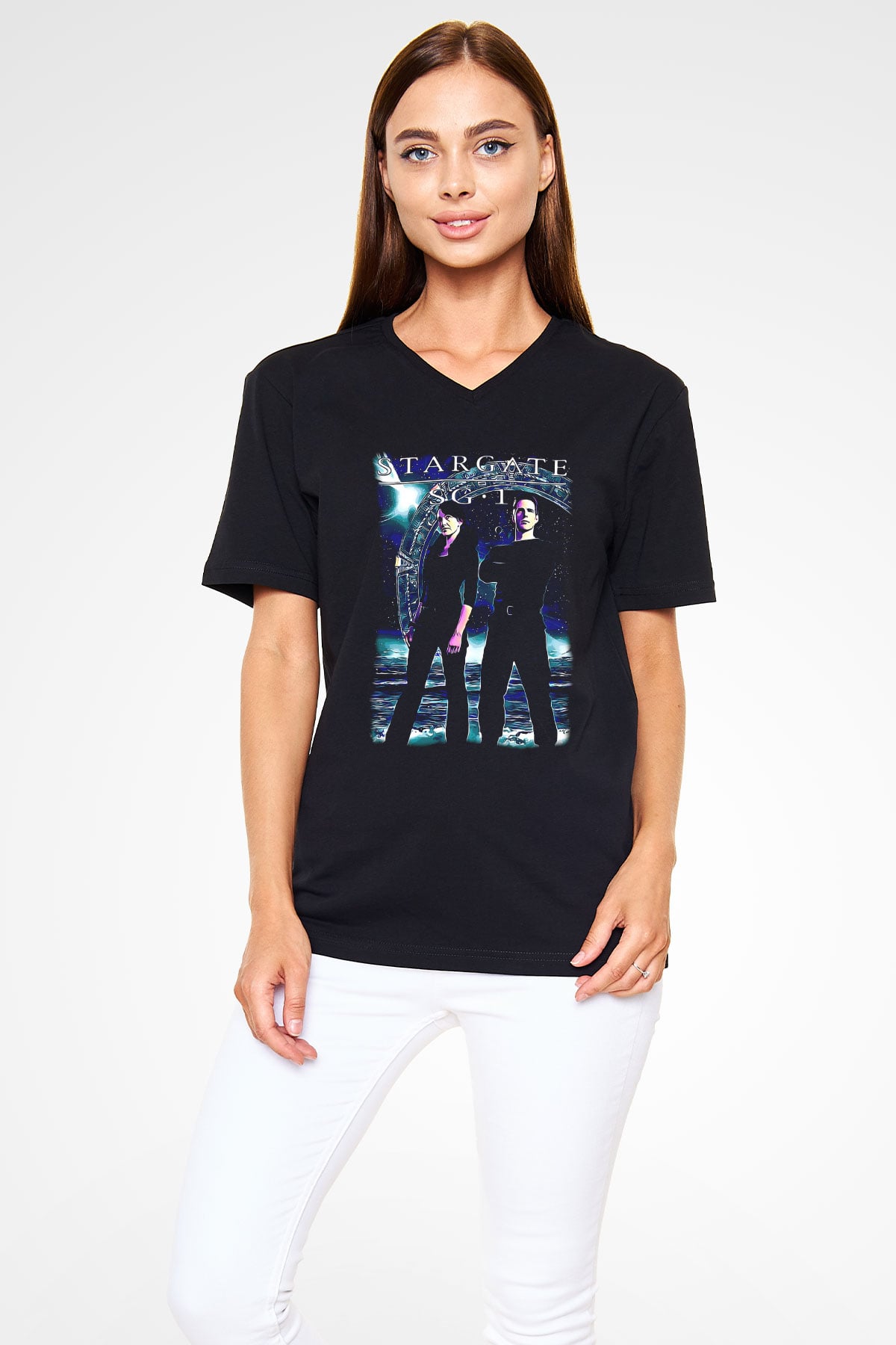 Stargate SG-1 Siyah Unisex V Yaka Tişört