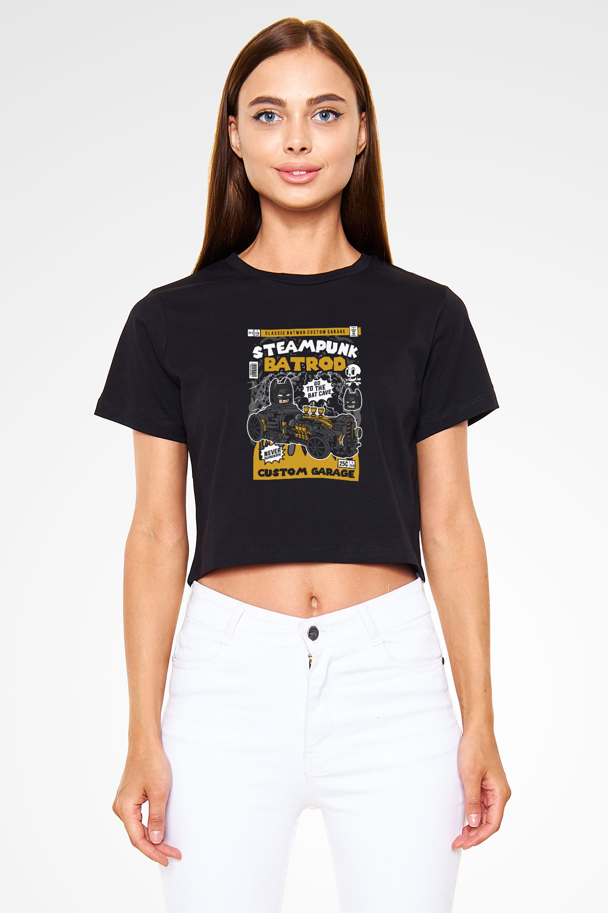 Steampunk BatRod Baskılı  Siyah  Crop Top Tişört
