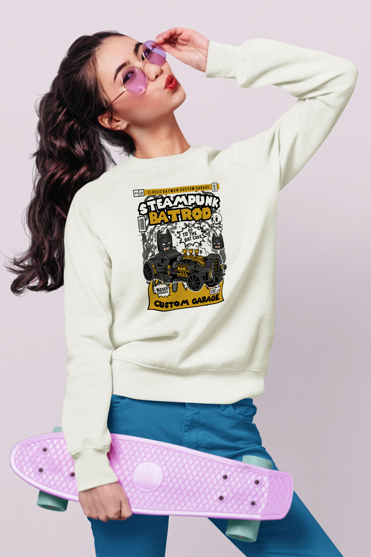 Steampunk BatRod Baskılı Unisex Beyaz Sweatshirt