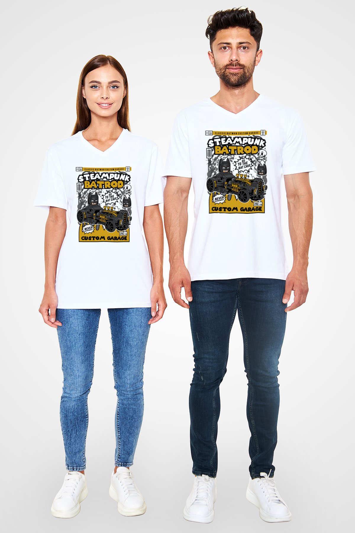 Steampunk BatRod Baskılı Unisex Beyaz V Yaka Tişört