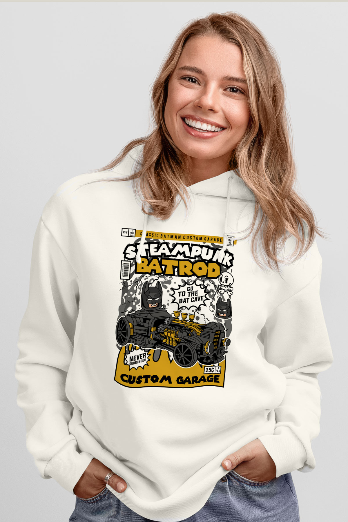 Steampunk BatRod Baskılı Unisex Beyaz Hoodie