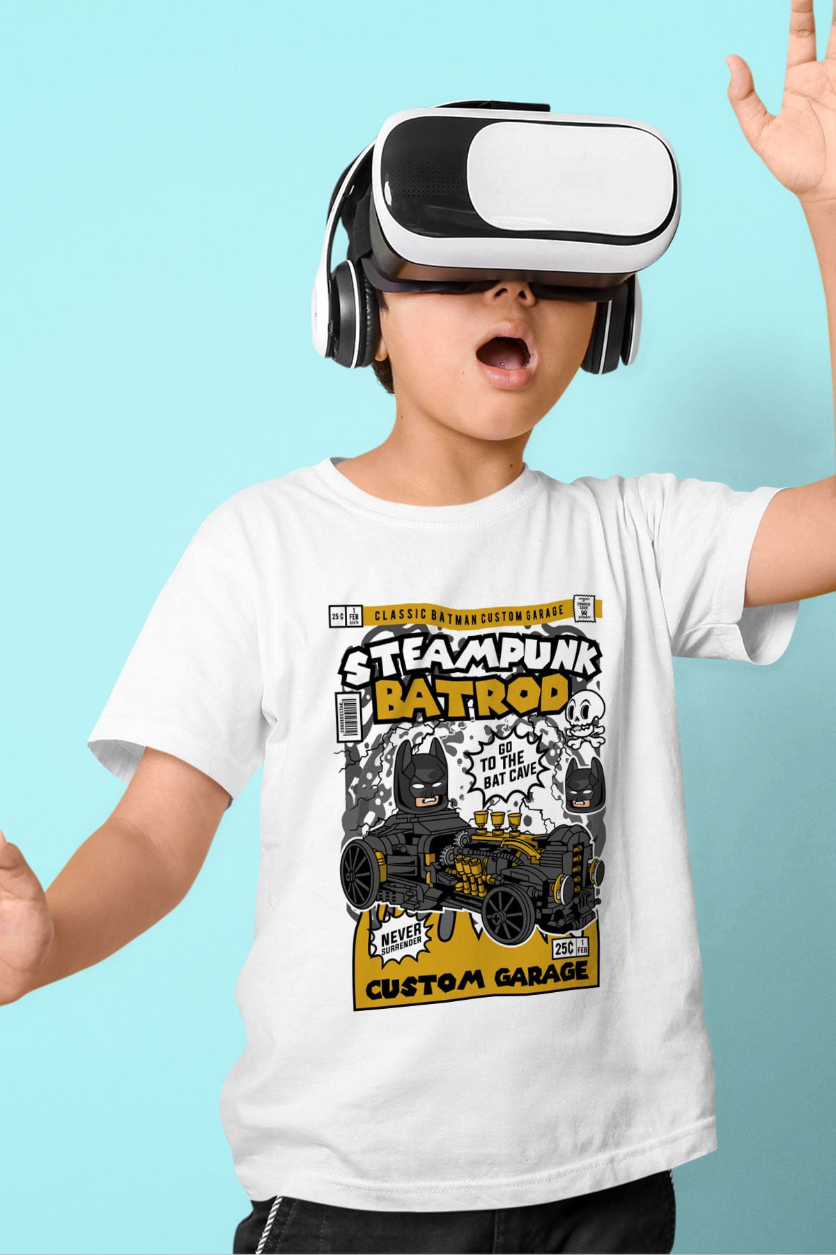 Steampunk BatRod Baskılı Unisex Beyaz Çocuk Tişört
