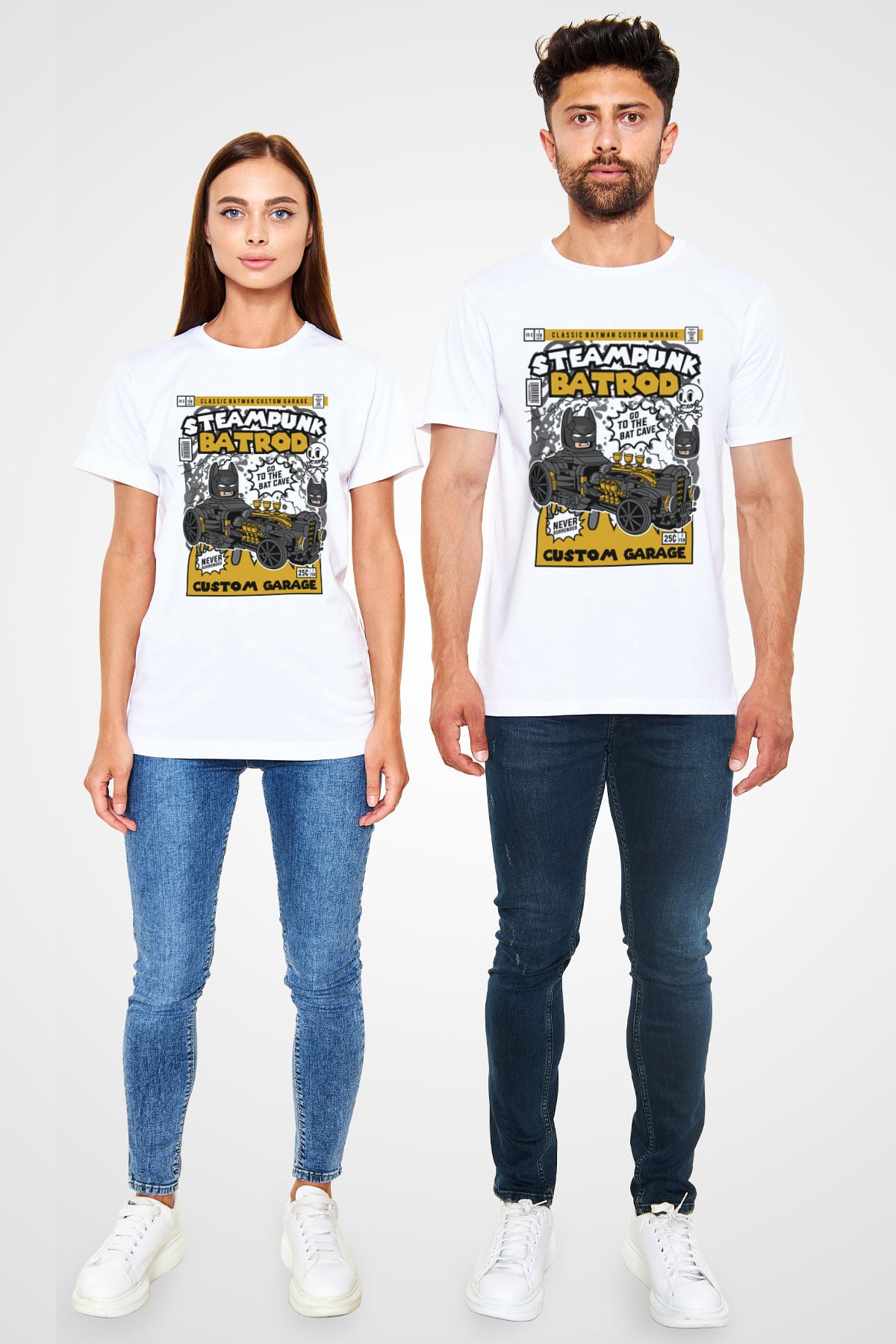 Steampunk BatRod Baskılı Unisex Beyaz Tişört
