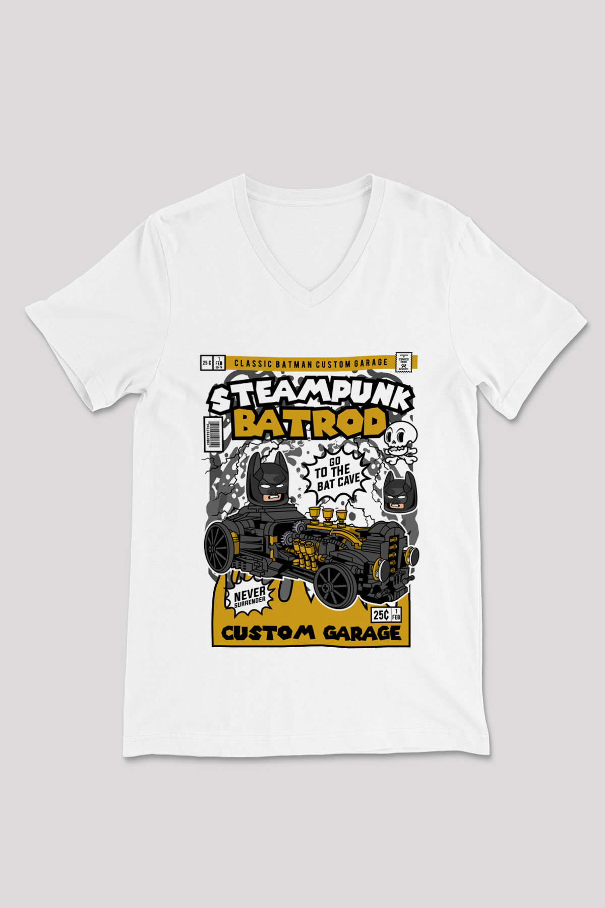 Steampunk BatRod Baskılı Unisex Beyaz V Yaka Tişört